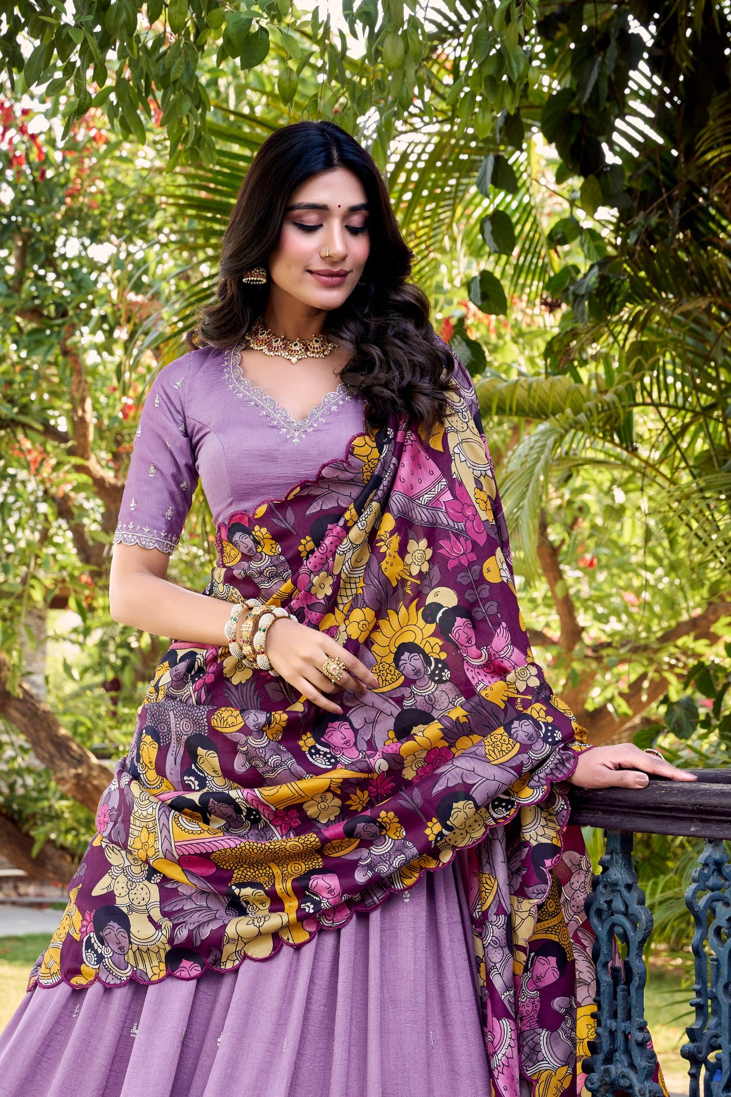 Lavender Vichitra Silk Lehenga Set with Kalamkari Print Border & Tussar Silk Dupatta