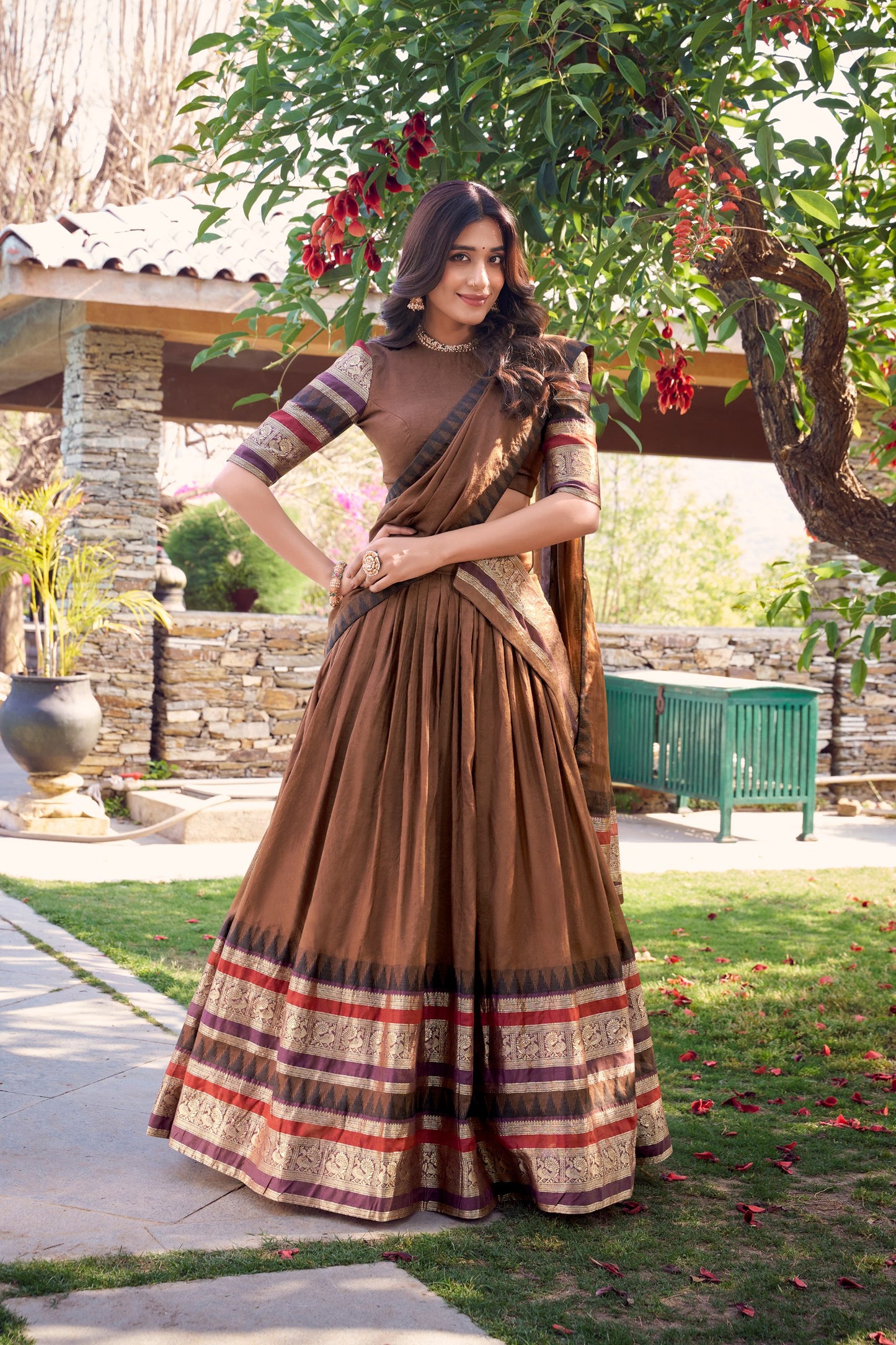 Pure Chanderi Brown Lehenga with Zari Weaving Work Border & Dupatta