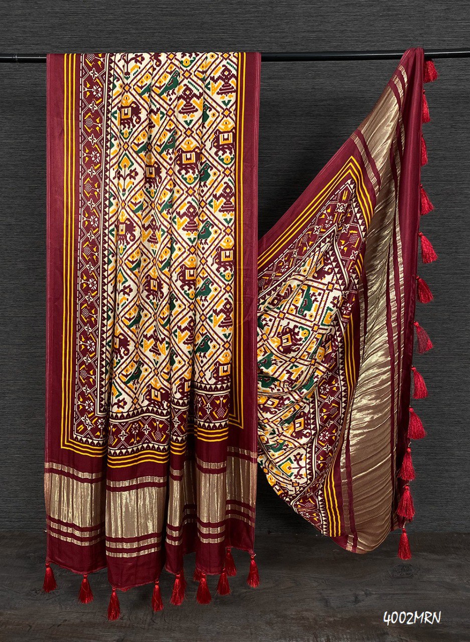 Pure Gaji Silk Patola Printed Cream And Brown Colour Dupatta with Tassels