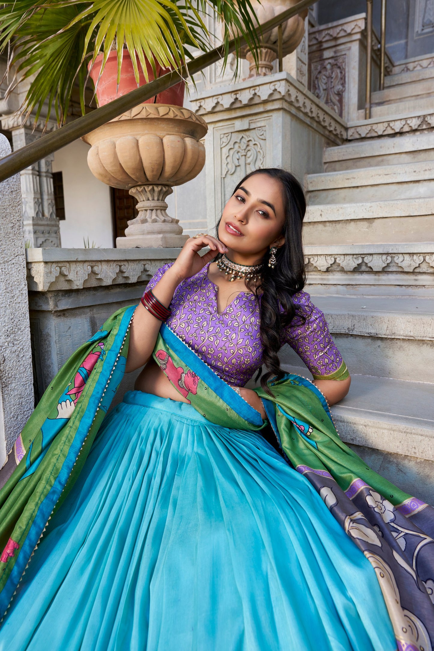 Sky Blue Color Tussar Silk Kalamkari Printed Lehenga Choli