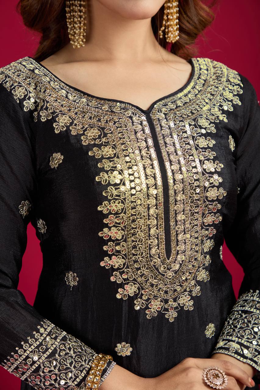Black Chinnon Silk With Heavy Embroidery Sequence Work Top-Plazo And Dupatta Set