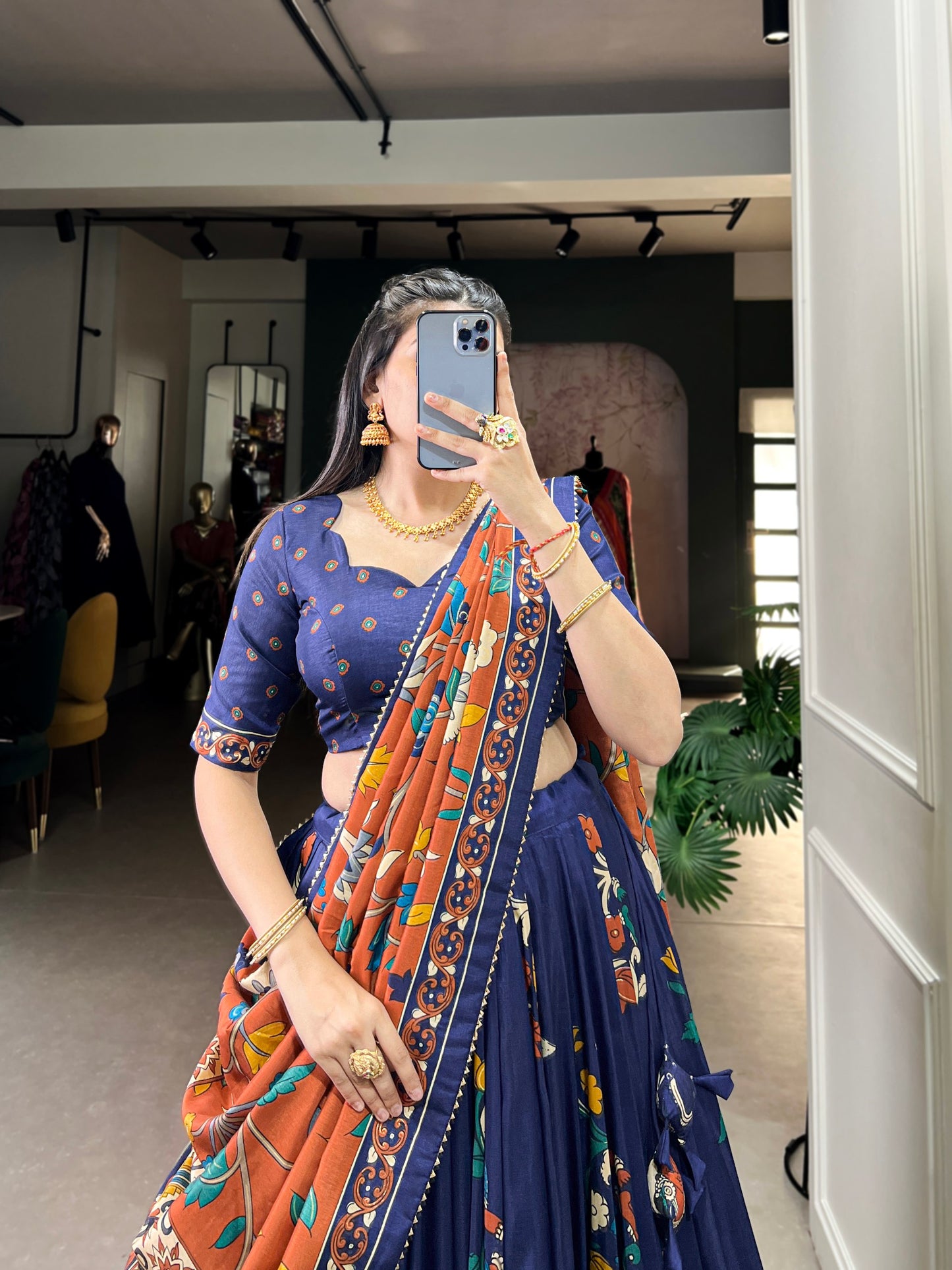 Navy Blue Tussar Silk Kalamkari Lehenga Set with Zari Weaving Border
