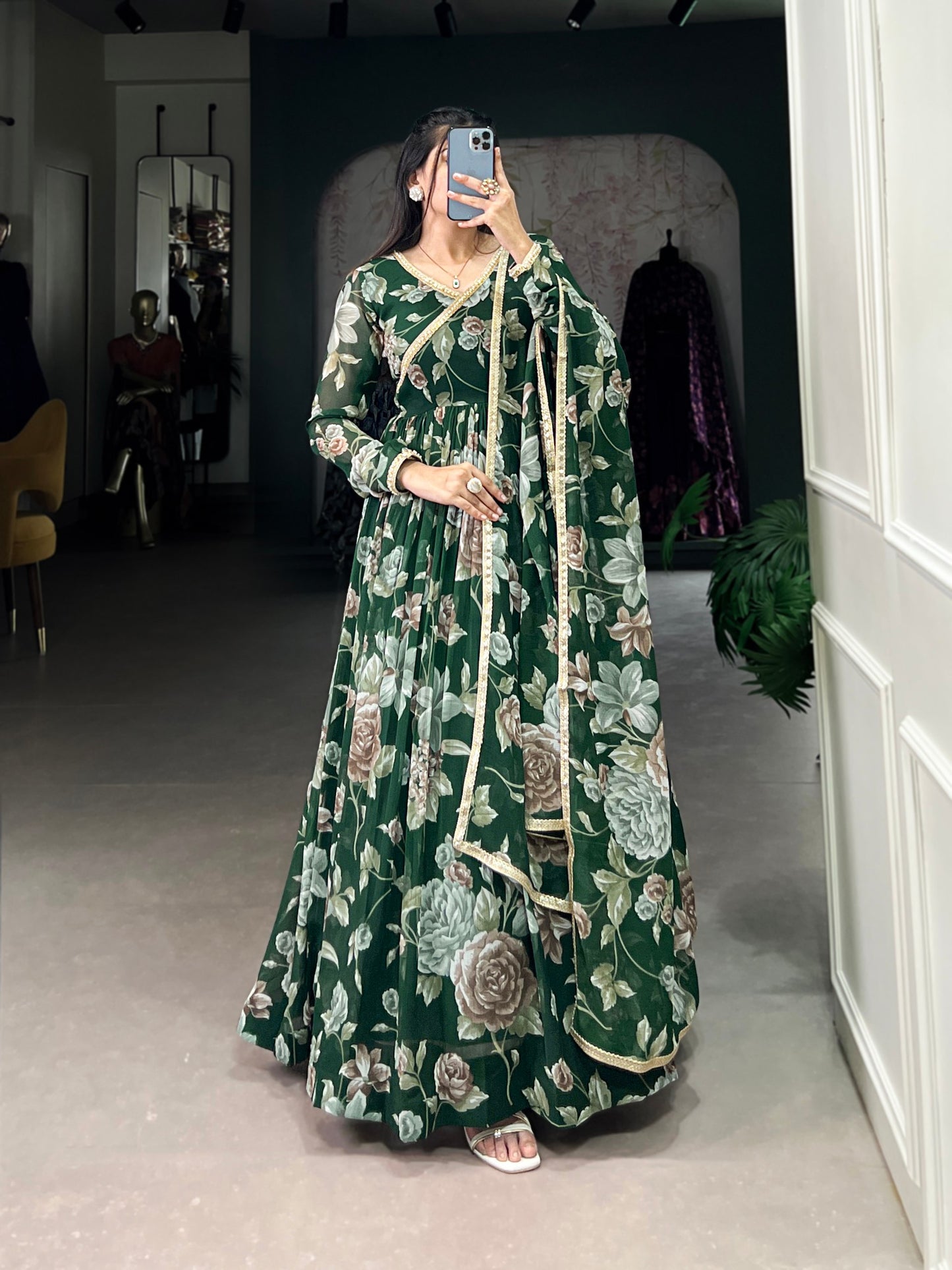 Green Sculpted Beauty Floral Print Marbel Gown with Lace Touch-Up Dupatta