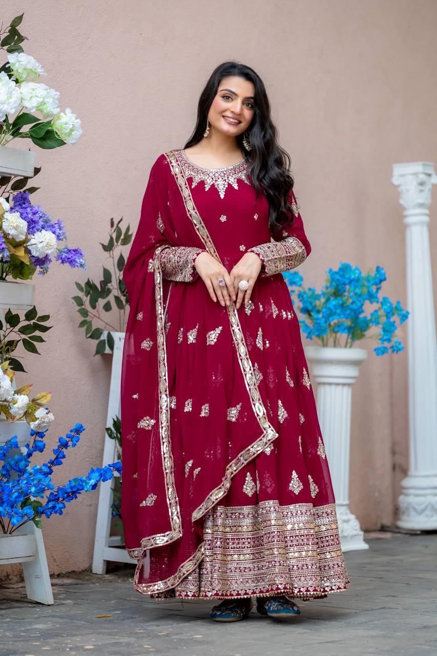 Faux Georgette Embroidered Lavender Gown Set with Dupatta – Fully Stitched Designer Ethnic Wear for Women