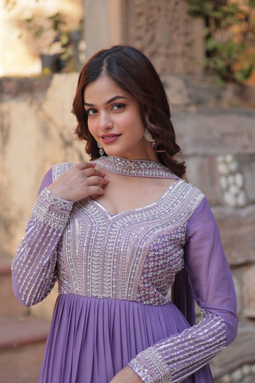 Star Georgette Embroidered Beads Sequins Work Lavender Gown with Dupatta Set