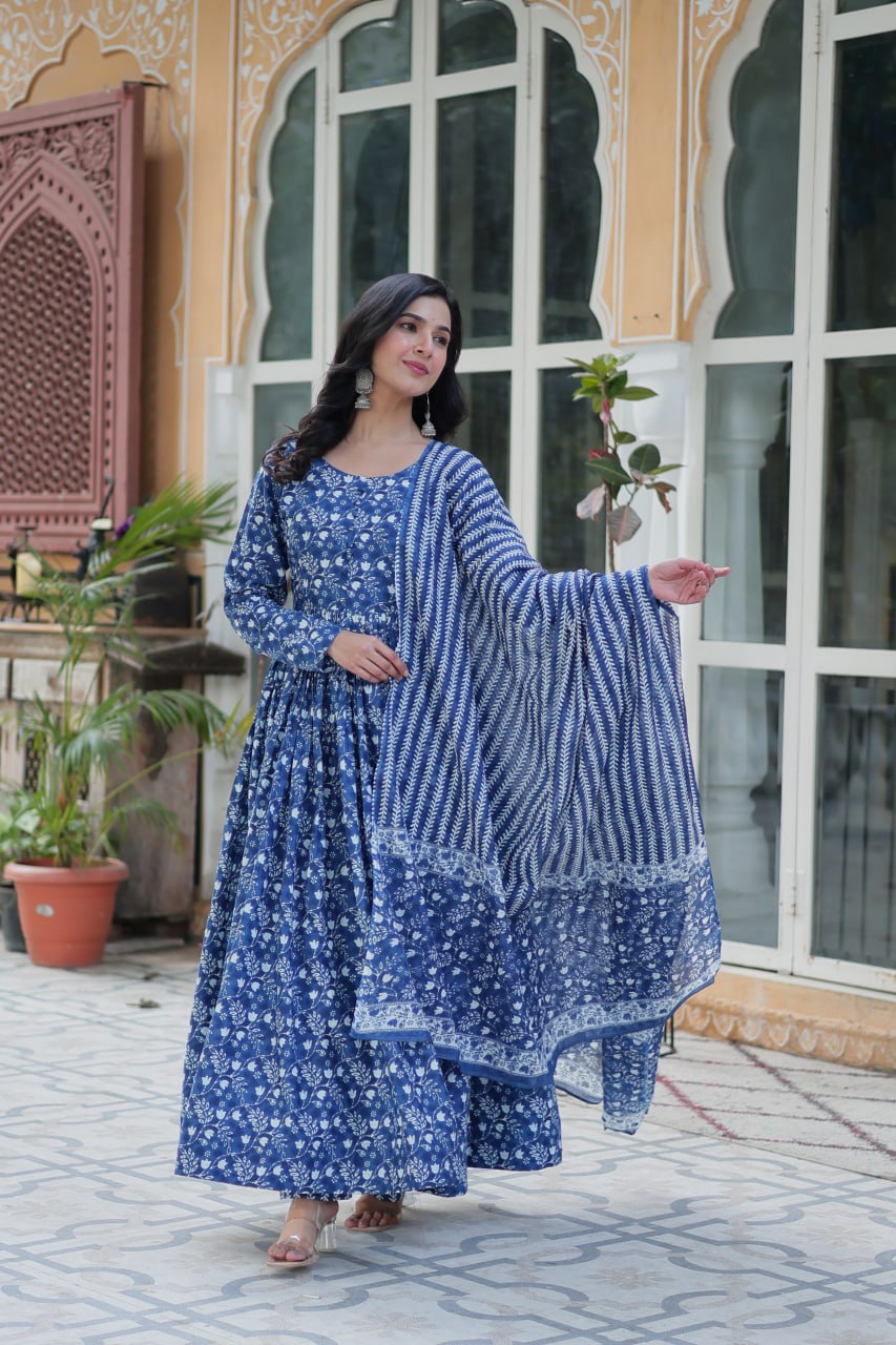 Pure Blue Cotton Long Kurta Set with Elastic Bottom and Dupatta