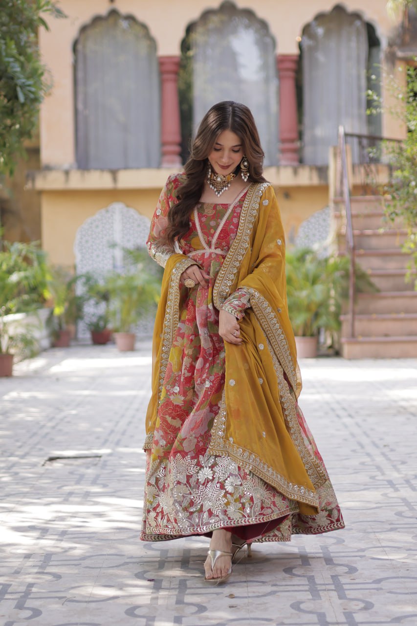 Digital Printed Russian Silk Top with Foil Embroidery Zari Sequins Work and Designer Lace Border Dupatta