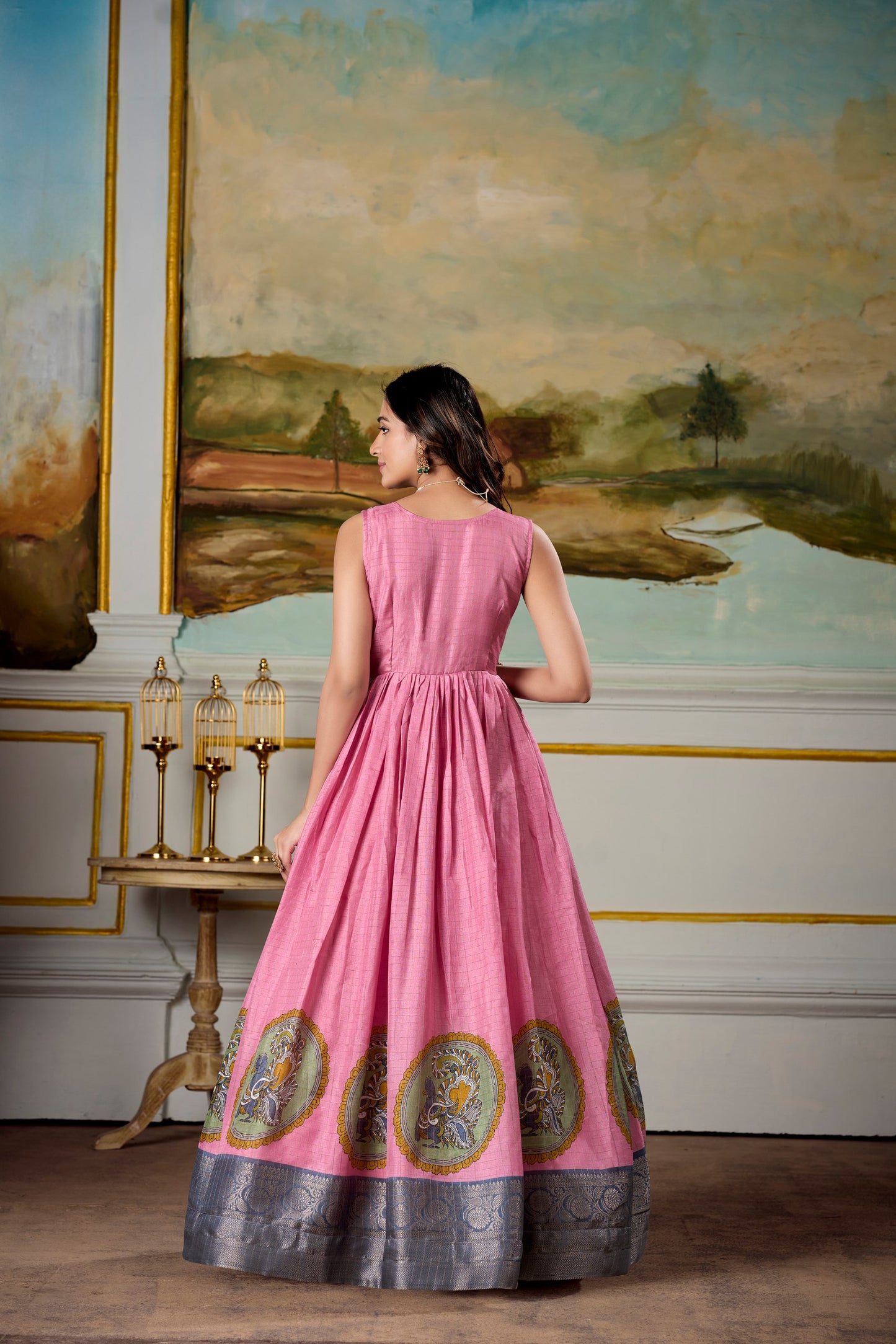 Elegant Dola Silk Kalamkari Print Pink Gown with Zari Weaving Koti | Ethnic Wear for Women