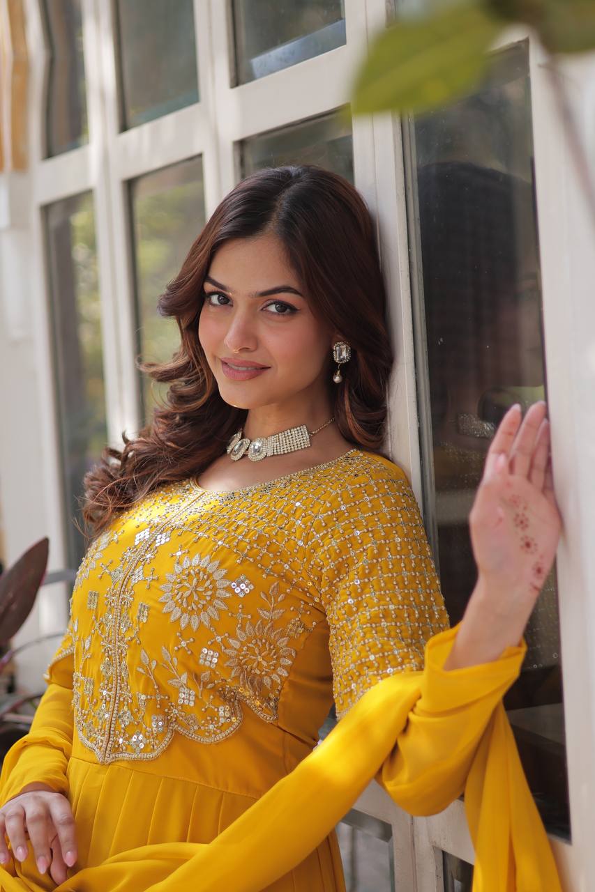 Yellow Embroidered Faux Blooming Georgette Gown with Dupatta
