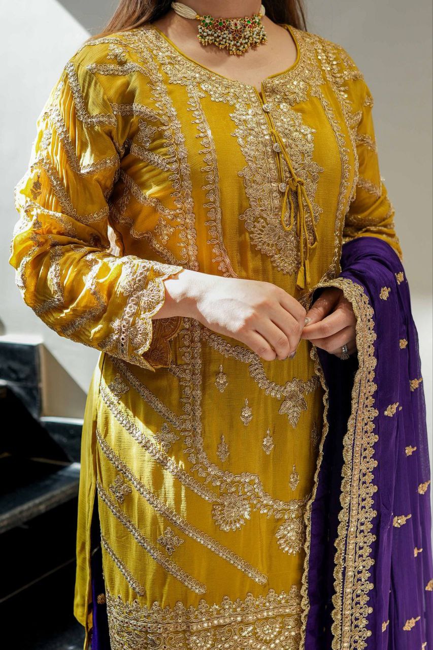 Heavy Yellow Chinon Silk Sharara Suit with Embroidery and Printed Dupatta
