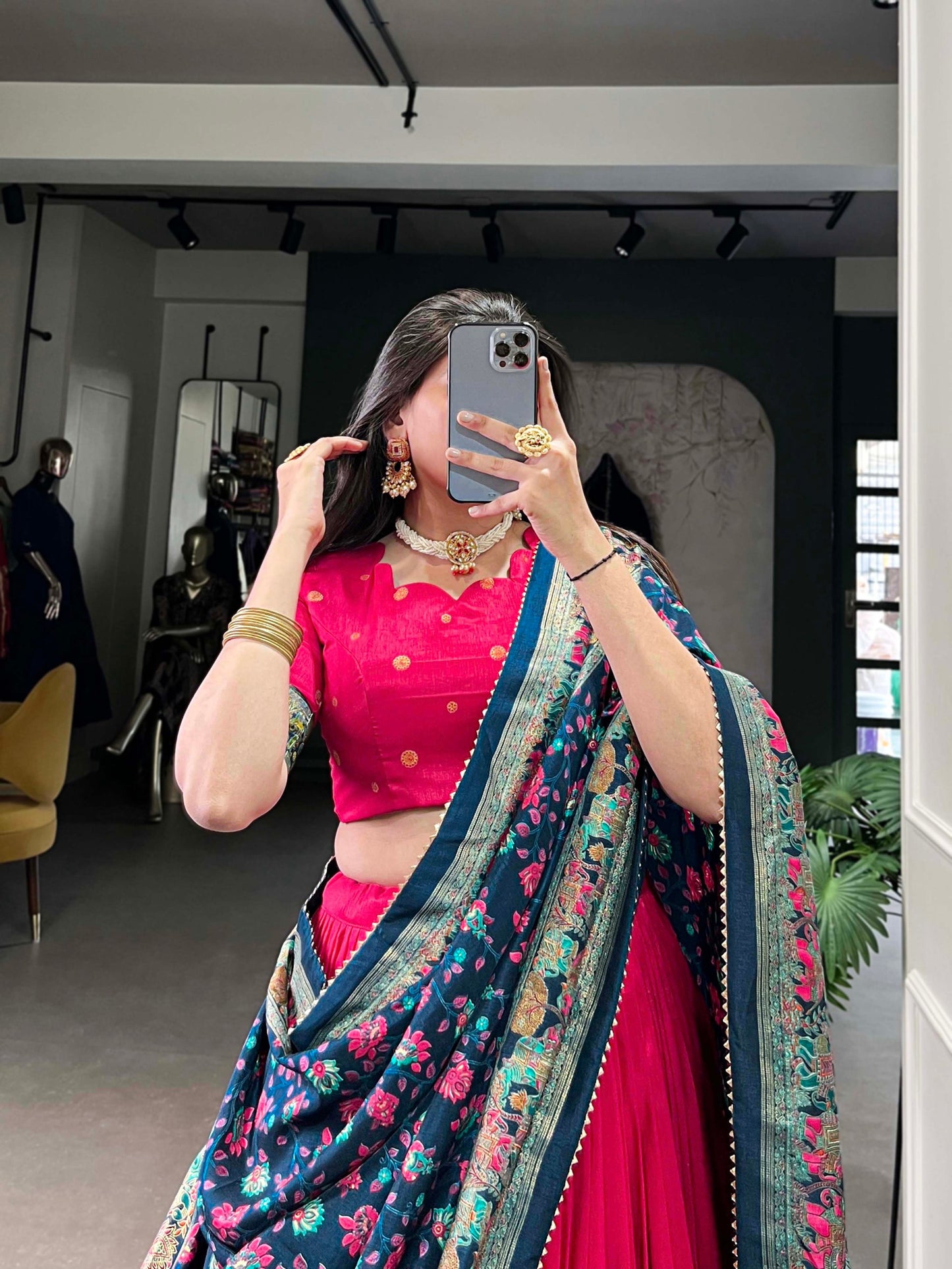 Pink Tussar Silk Lehenga Set with Printed Foil Work and Gotta Patti Dupatta