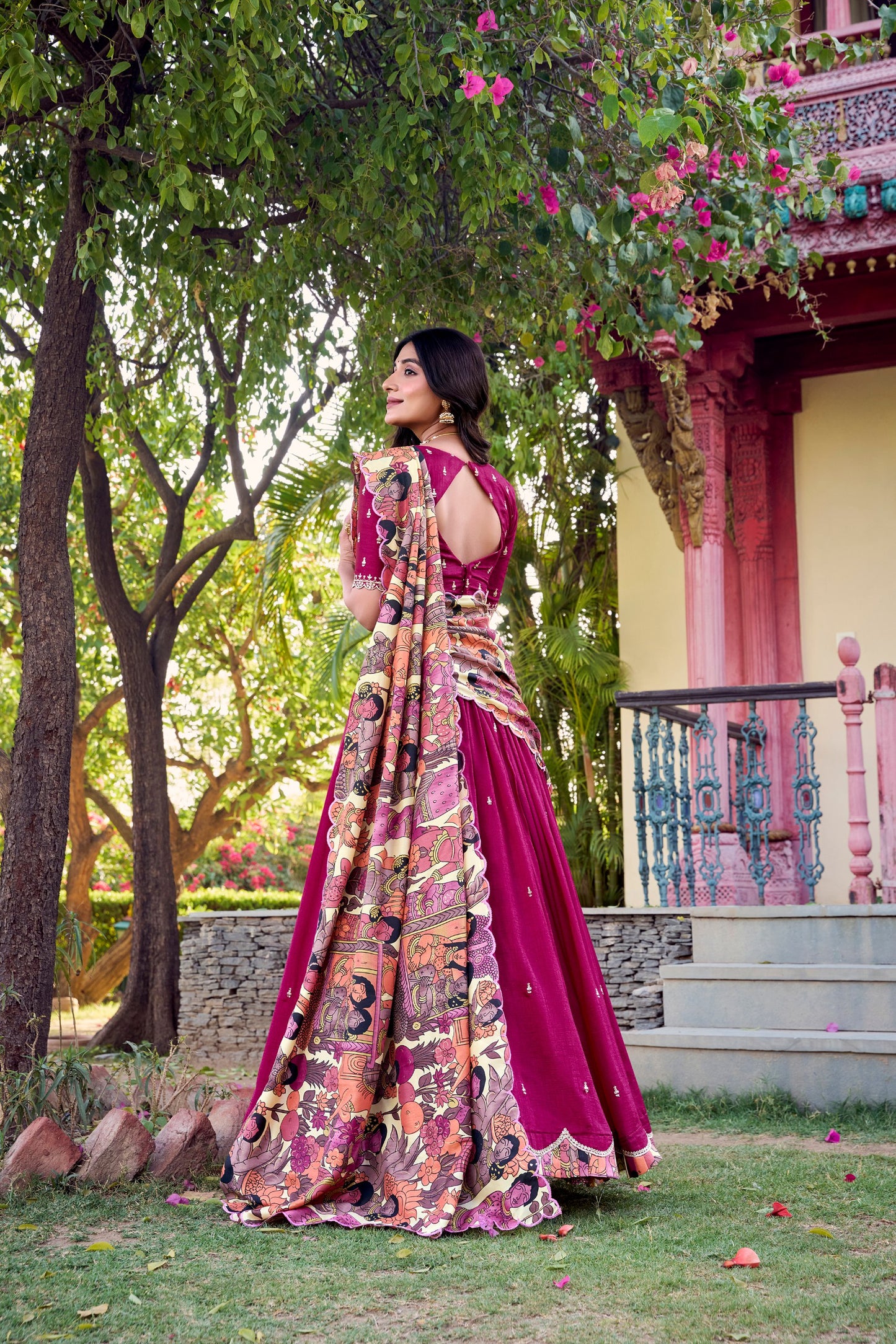 Pink Vichitra Silk Lehenga Set with Kalamkari Print Border & Tussar Silk Dupatta