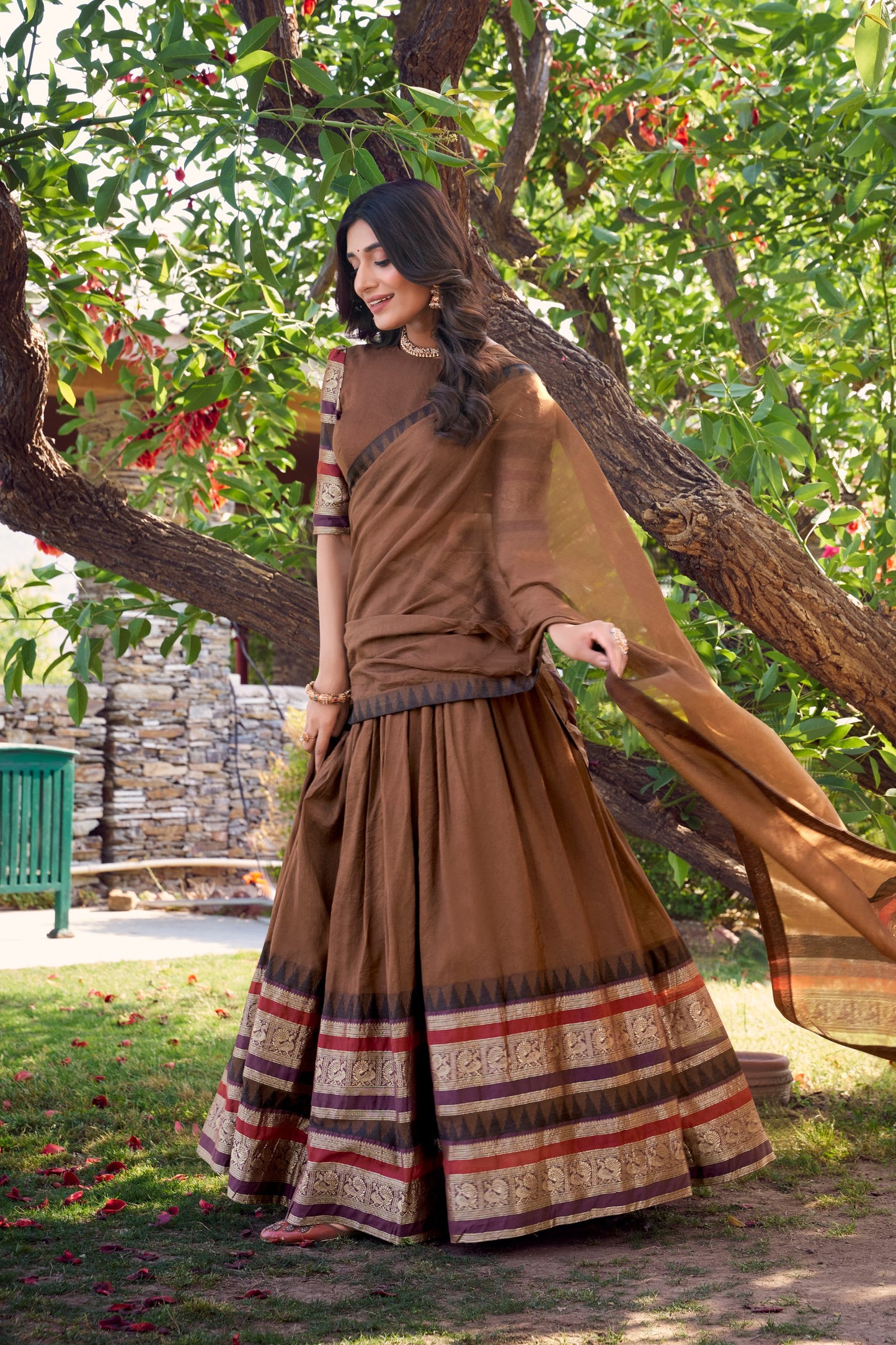 Pure Chanderi Brown Lehenga with Zari Weaving Work Border & Dupatta