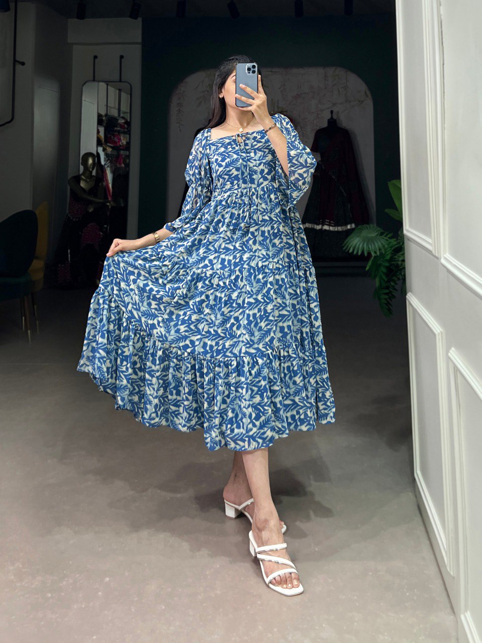 Leaf Print Tiered Boho Blue Midi Dress with Bell Sleeves