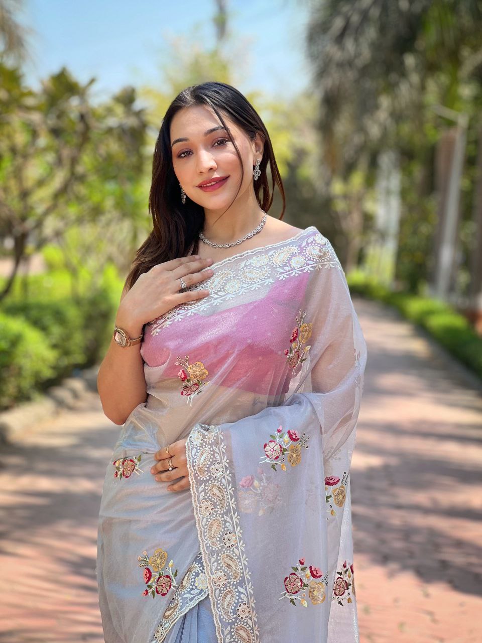 Beautiful Grey Color Designer Soft Silver Tissue Silk Saree