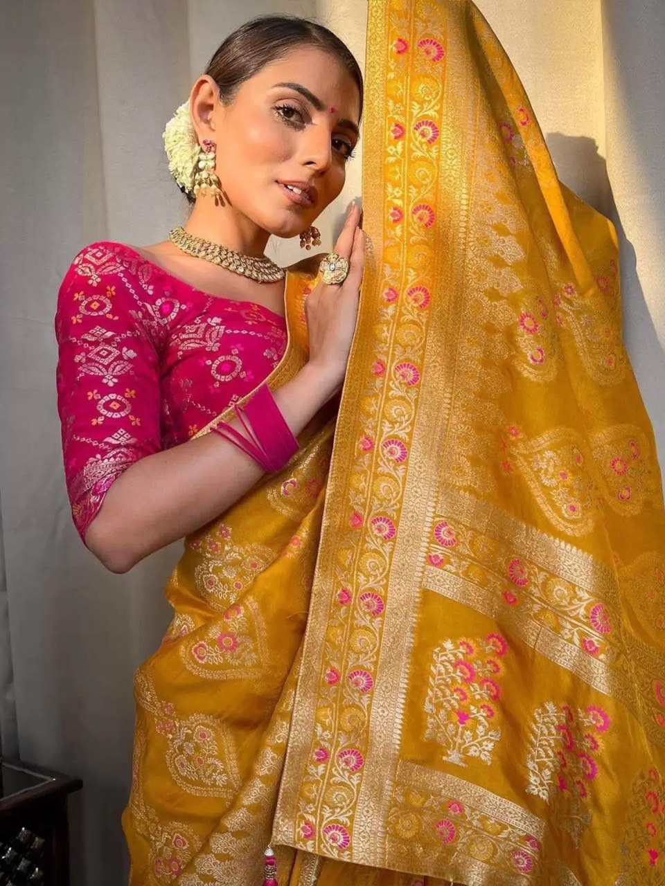 Floral Woven Banarasi Saree with Contrast Border