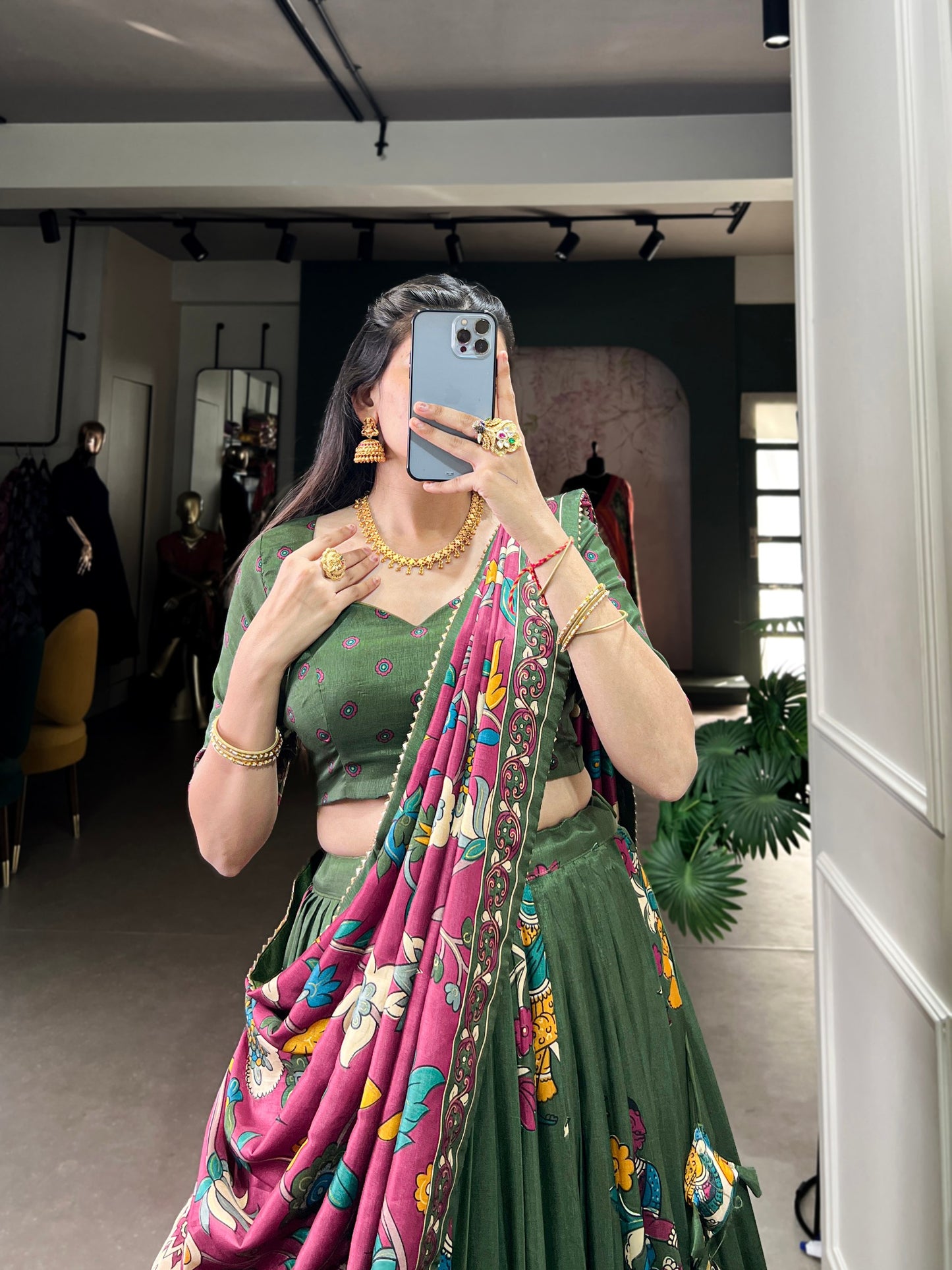 Mehendi Green Tussar Silk Kalamkari Lehenga Set with Zari Weaving Border