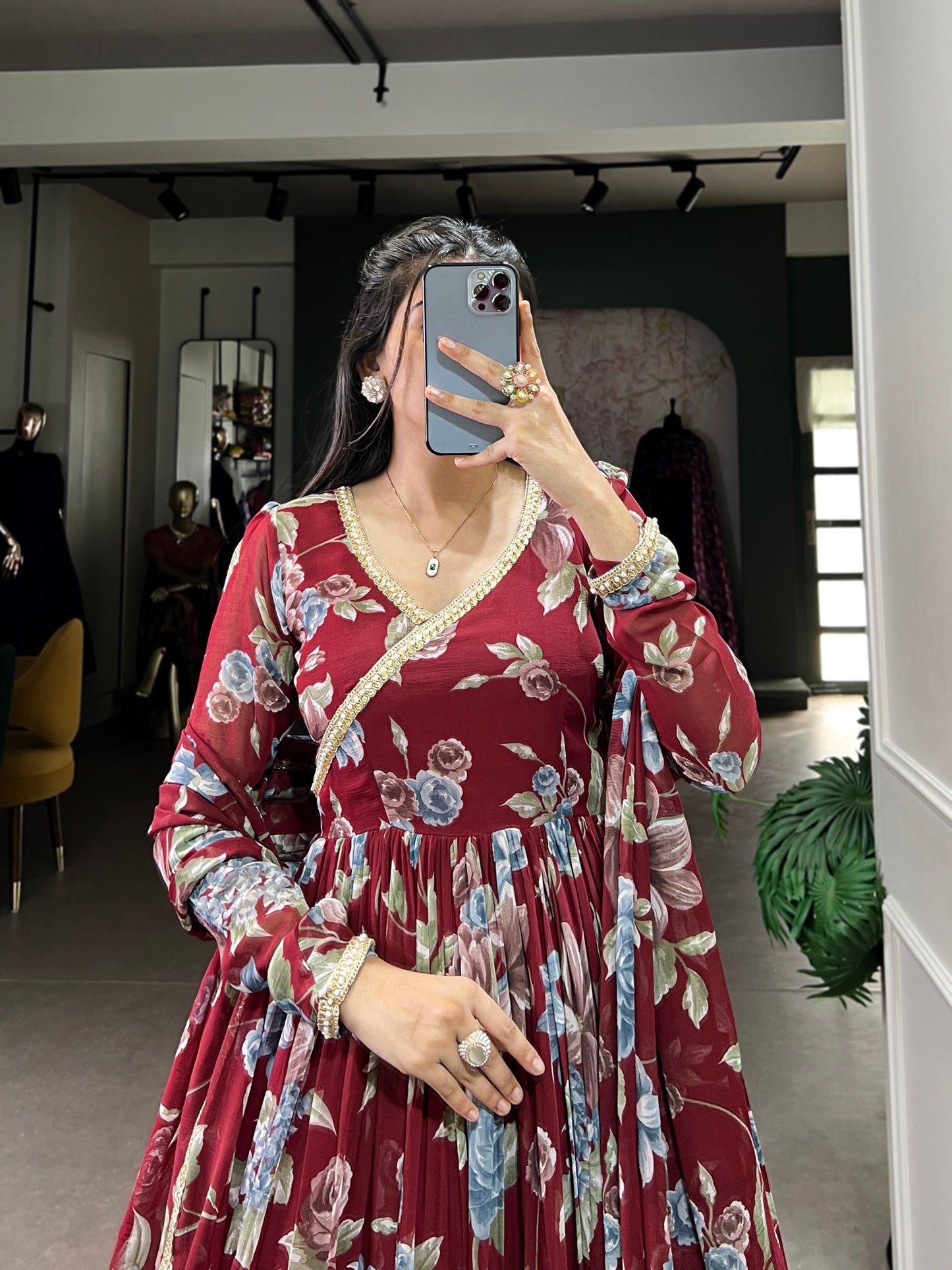 Maroon Sculpted Beauty Floral Print Marbel Gown with Lace Touch-Up Dupatta