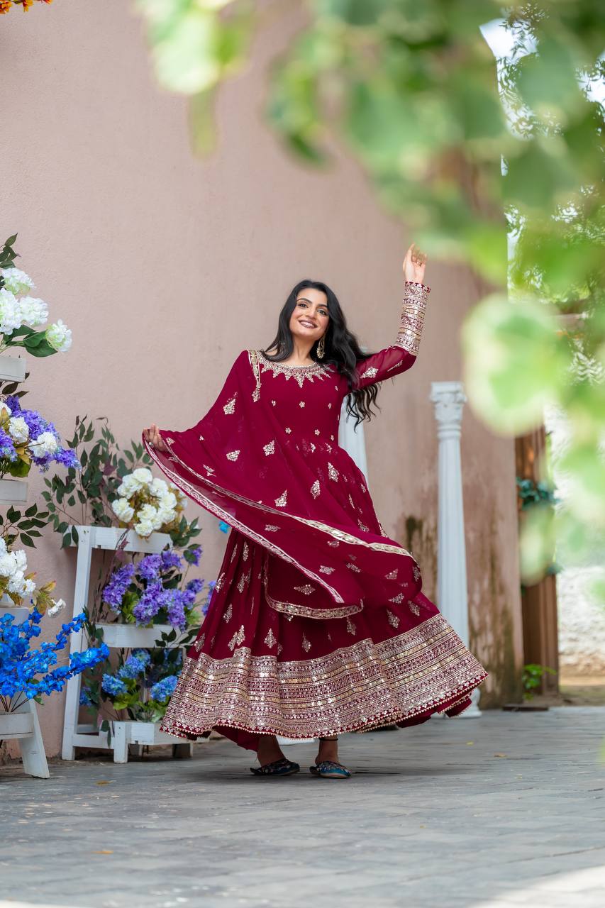 Faux Georgette Embroidered Lavender Gown Set with Dupatta – Fully Stitched Designer Ethnic Wear for Women