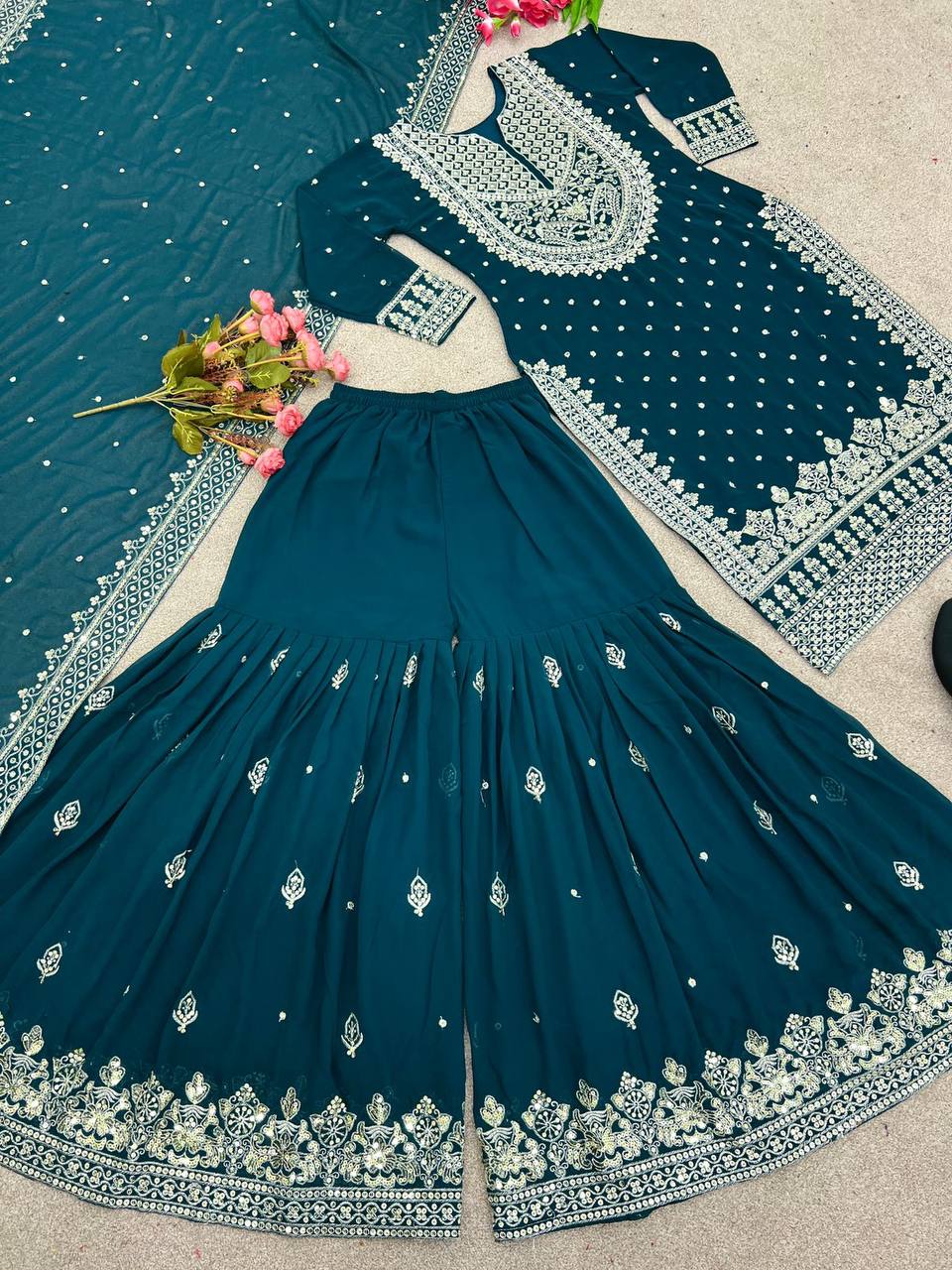 Heavy Faux Georgette Embroidered Bottle Green Gharara Set with Dupatta – Fully Stitched Ethnic Partywear for Women