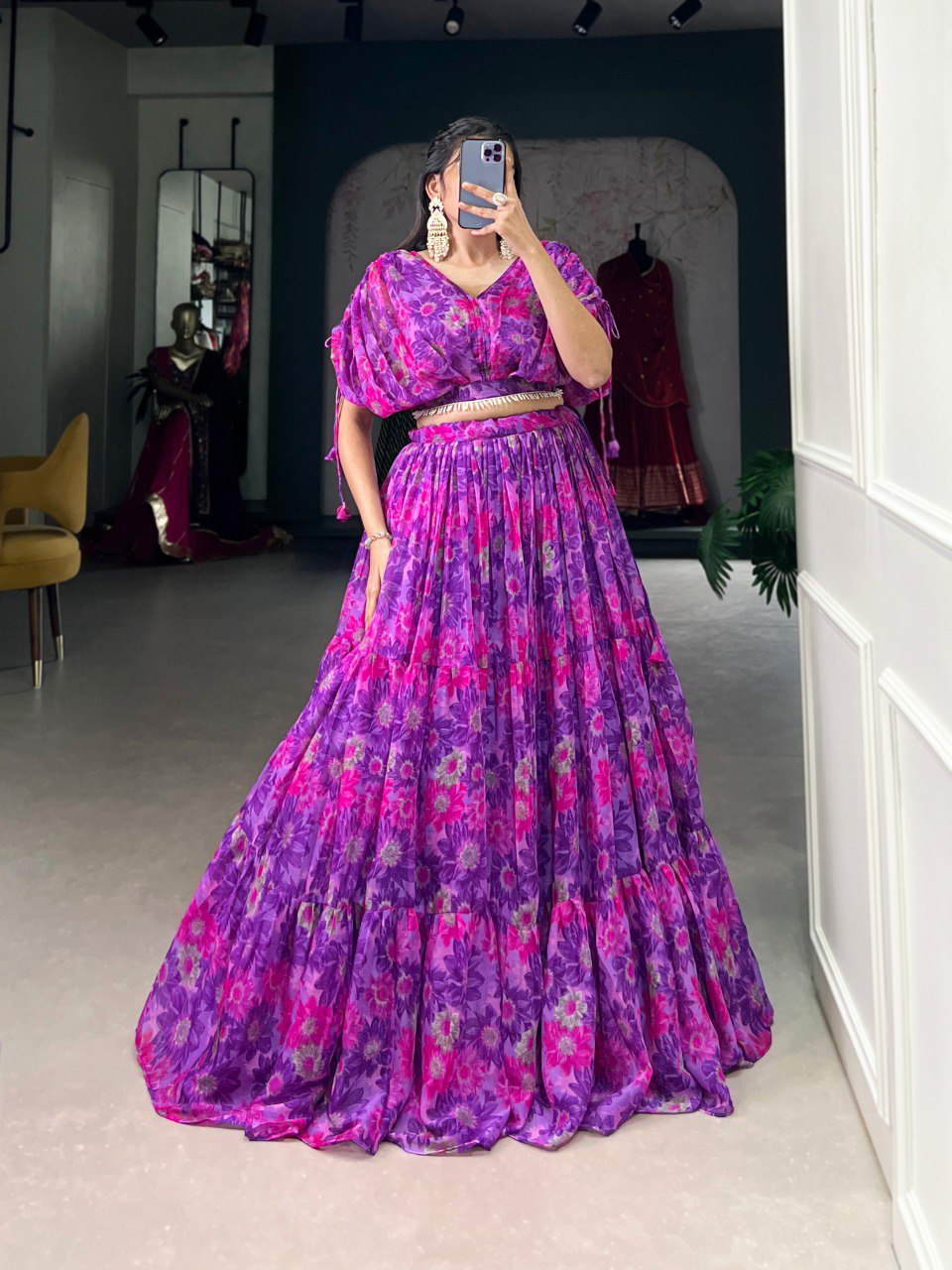 Elegant Floral Print Chiffon Purple Lehenga Set for Women