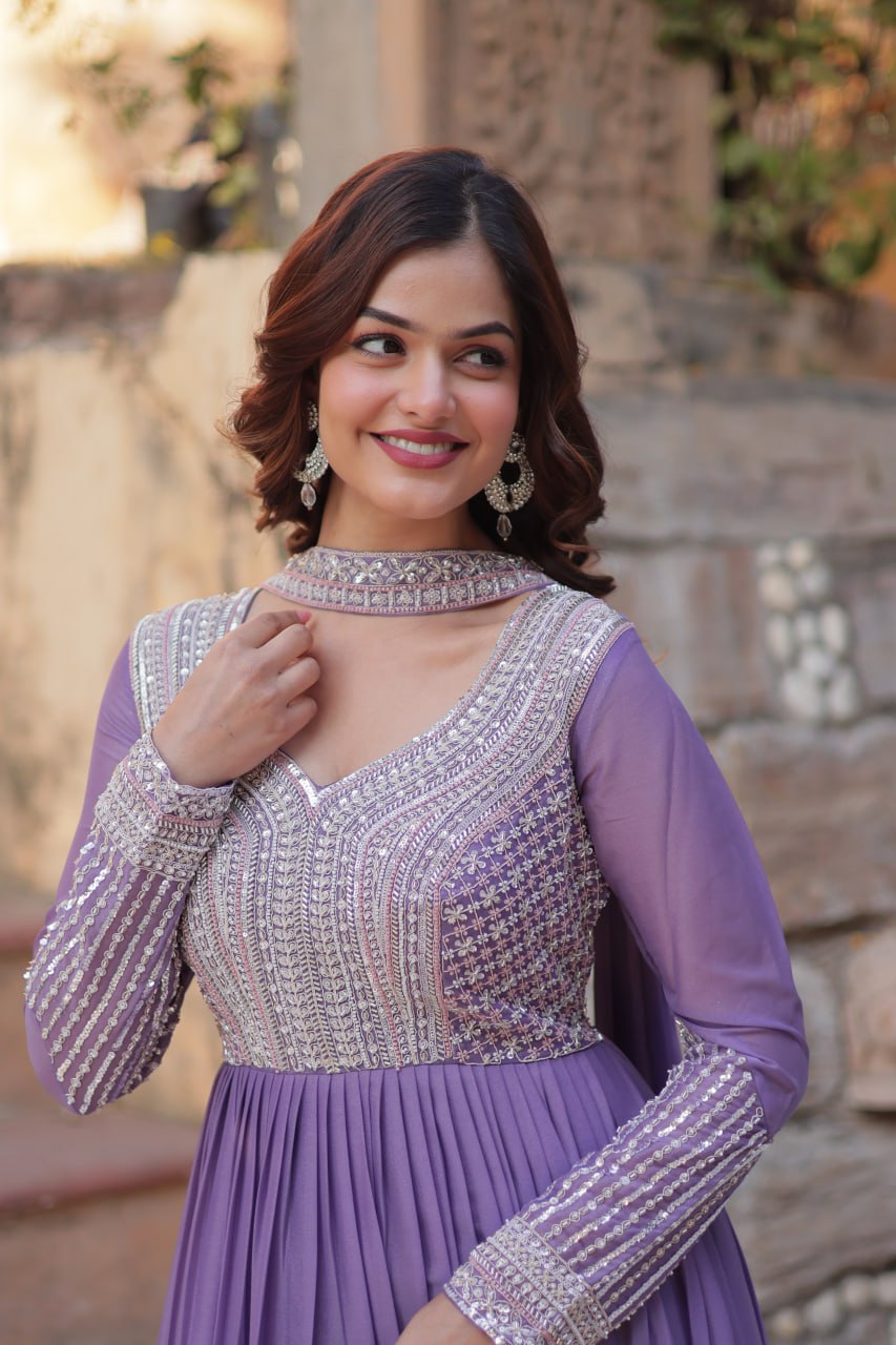 Star Georgette Embroidered Beads Sequins Work Lavender Gown with Dupatta Set