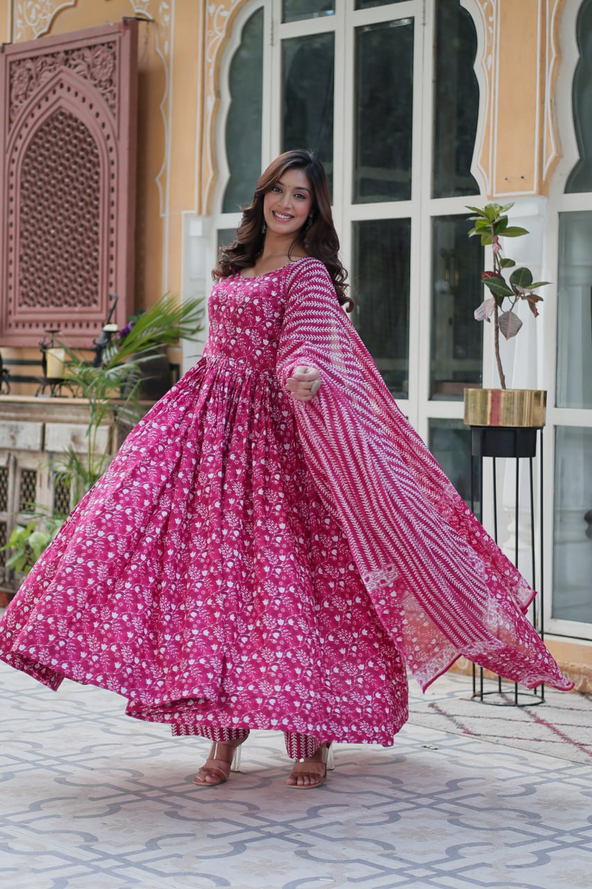 Pure Rani Pink Cotton Long Kurta Set with Elastic Bottom and Dupatta