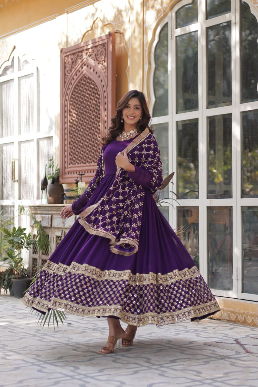 Faux Blooming Purple Gown with Zari Sequins Embroidery and Designer Dupatta