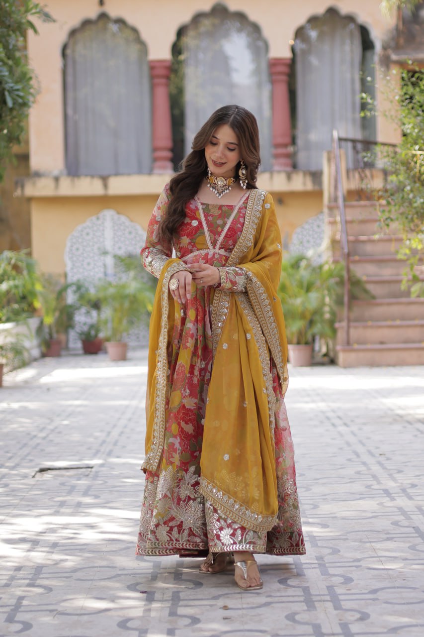 Digital Printed Russian Silk Top with Foil Embroidery Zari Sequins Work and Designer Lace Border Dupatta