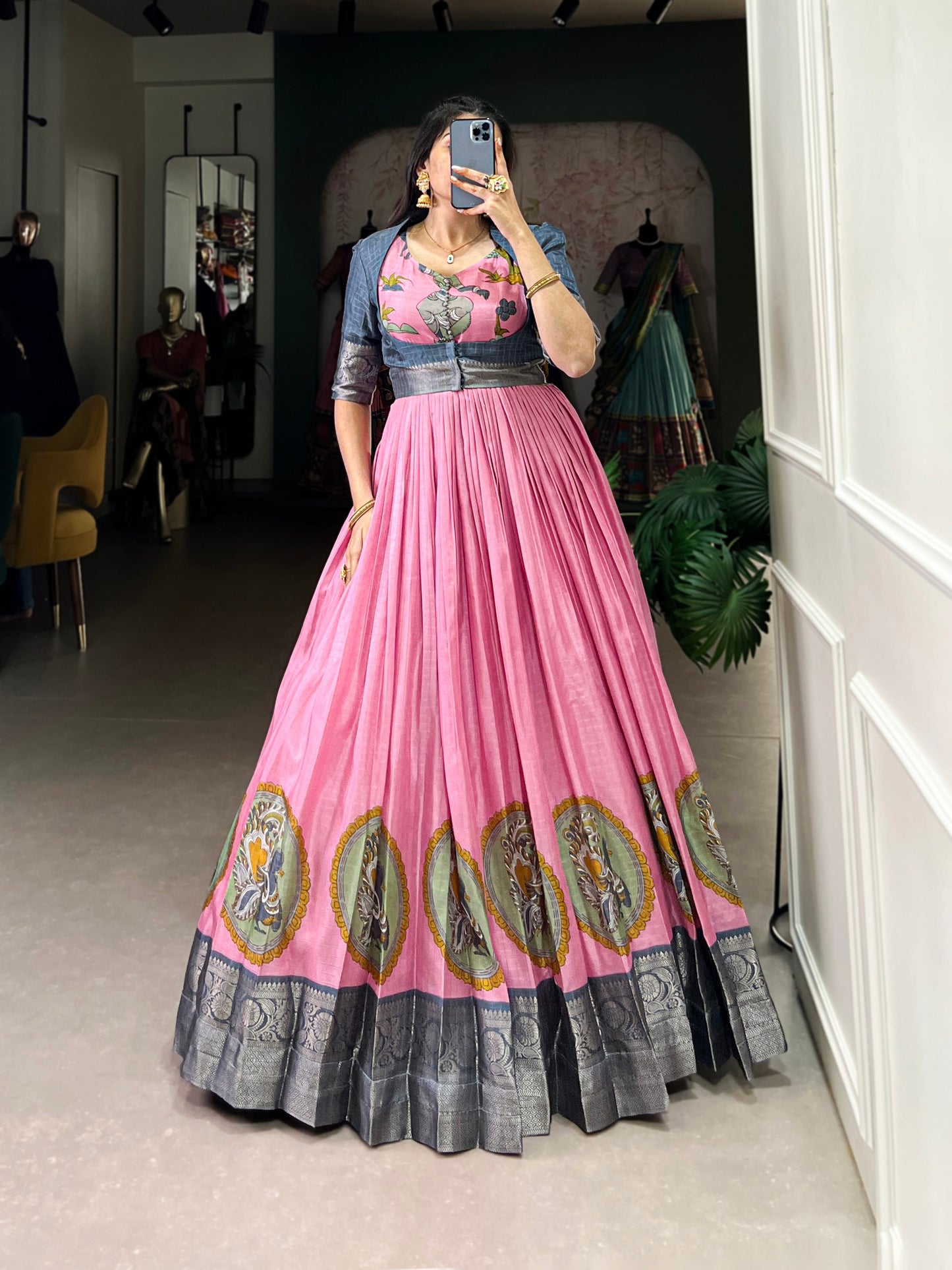 Elegant Dola Silk Kalamkari Print Pink Gown with Zari Weaving Koti | Ethnic Wear for Women