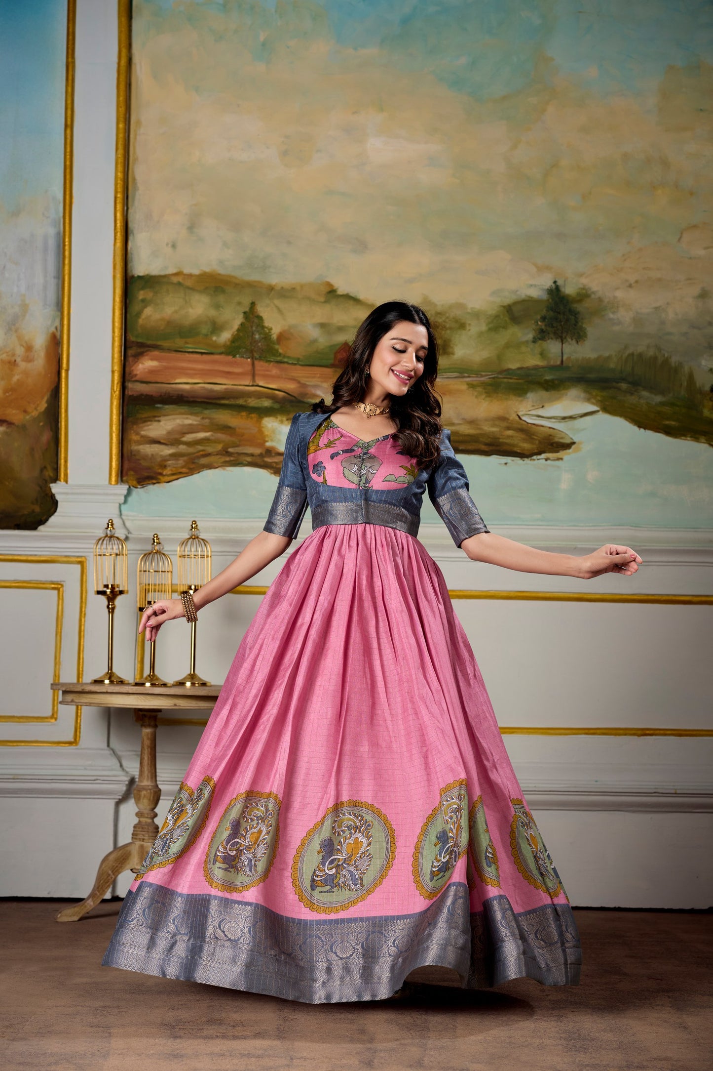 Elegant Dola Silk Kalamkari Print Pink Gown with Zari Weaving Koti | Ethnic Wear for Women