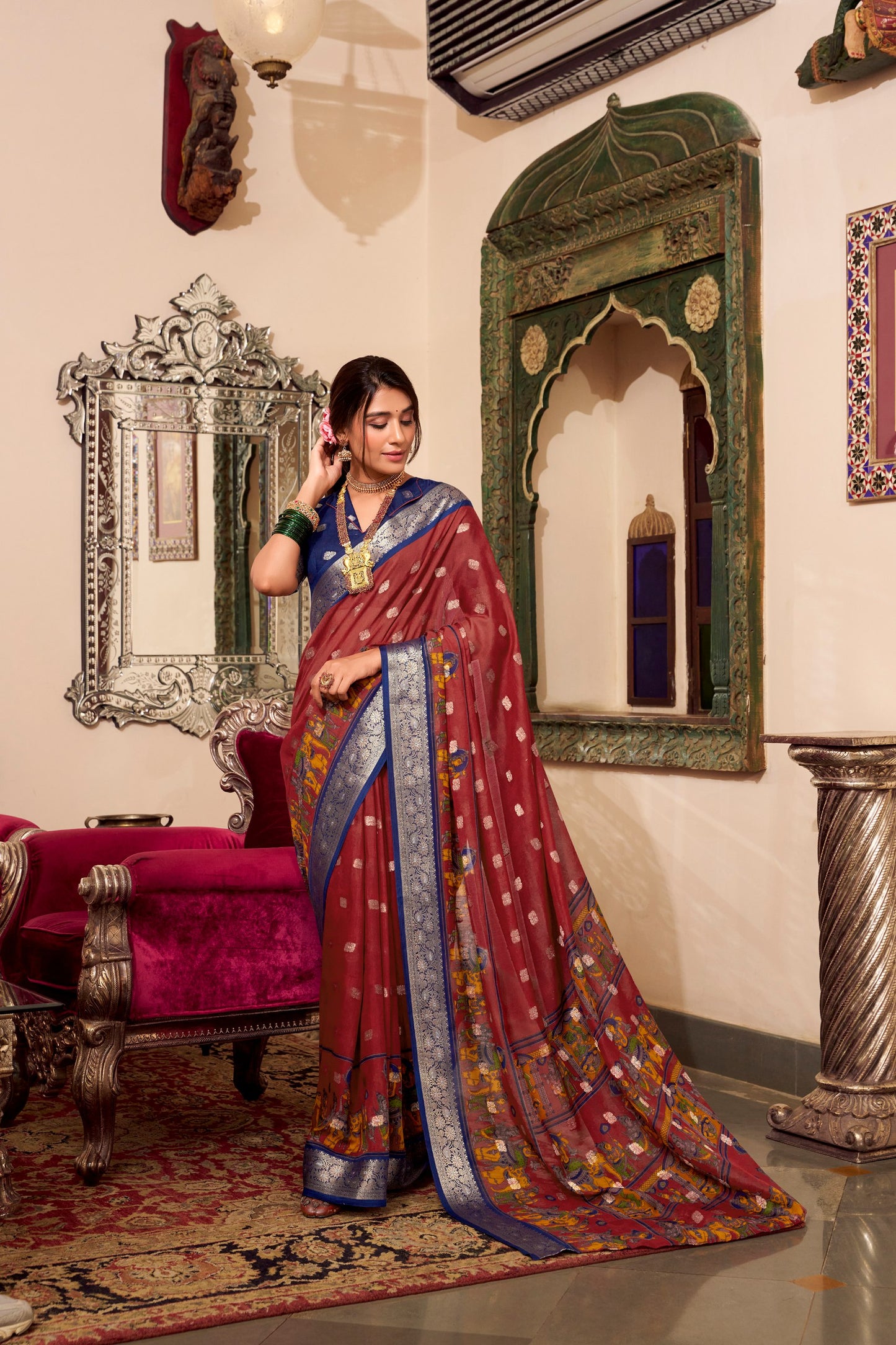 Kalamkari Print Poly Cotton Saree with Zari Weaving Work Border and Unstitched Blouse