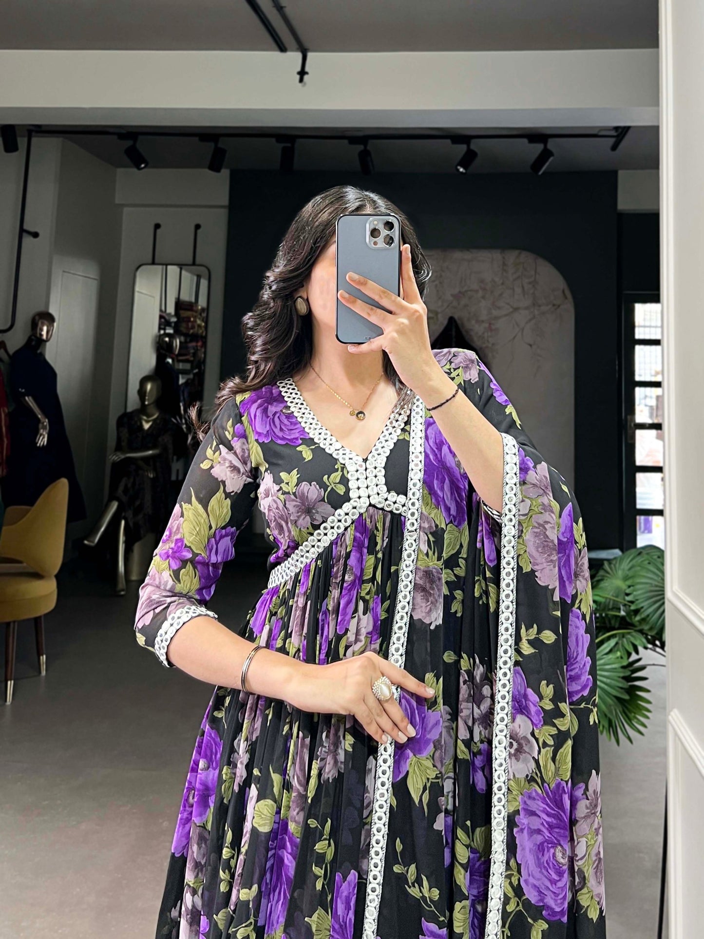 Floral Printed Georgette Purple Gown with Peper Mirror Lace Touch-Up and Dupatta