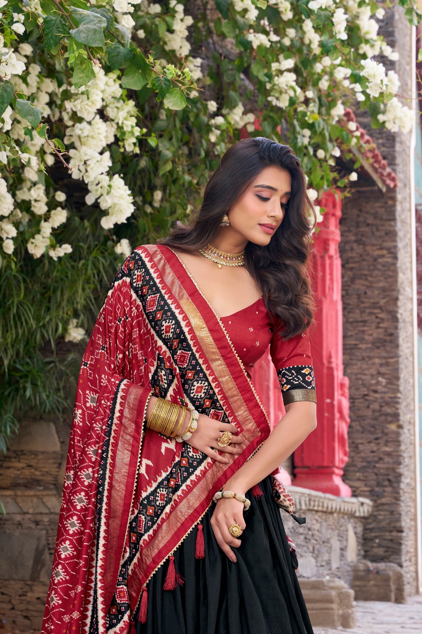 Patola Printed Black Tussar Silk Lehenga Set with Gotta Patti Dupatta