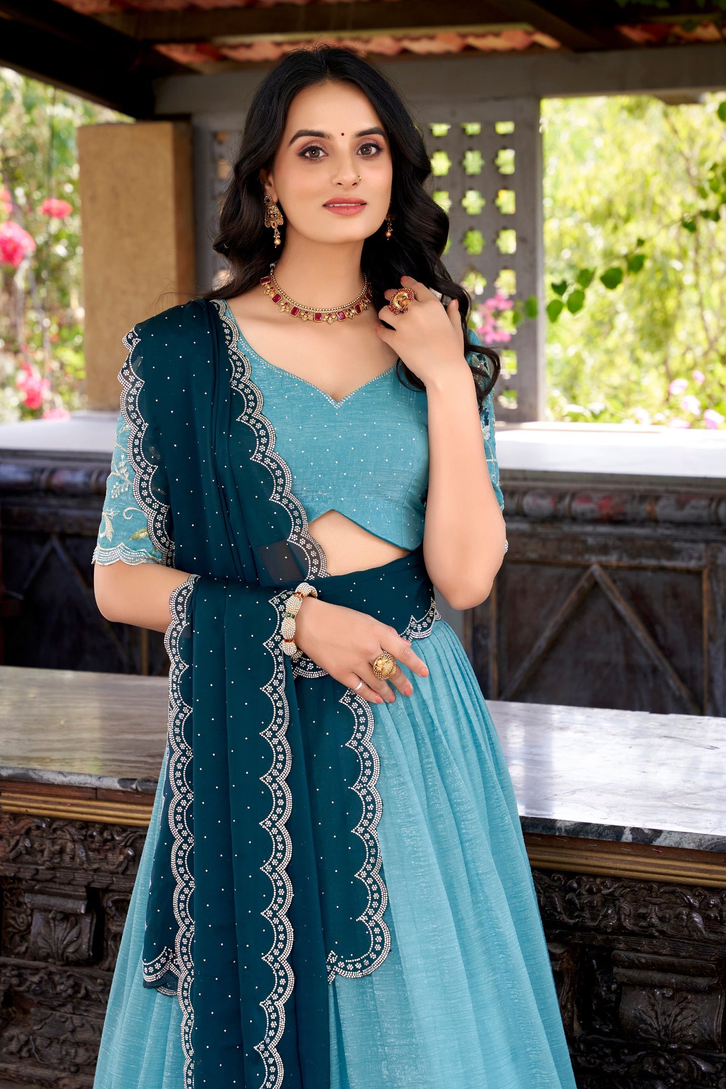 Silver Glosy Embroidered Sky Blue Lehenga Set with Hotfix Rangoli Silk Dupatta