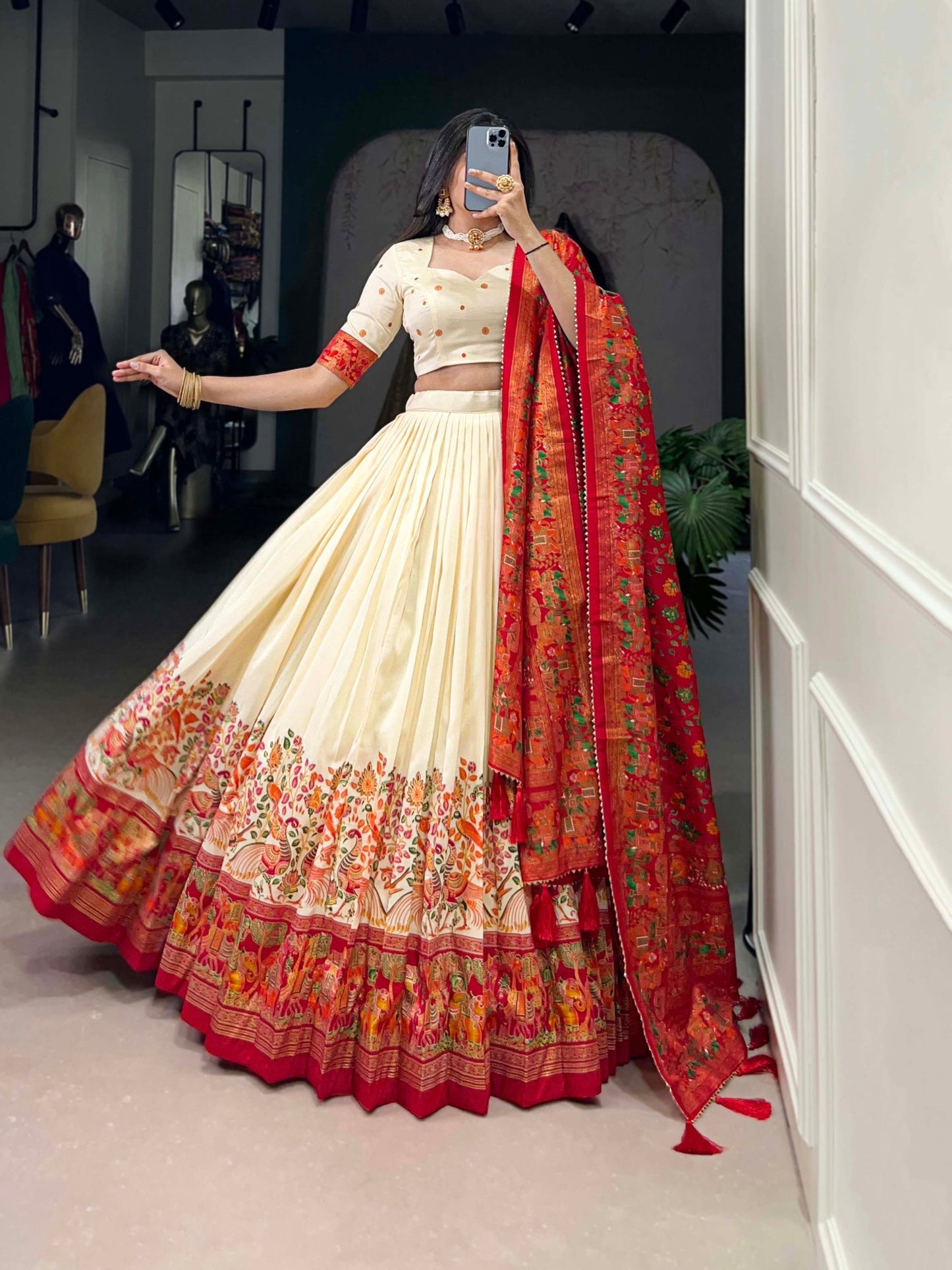 Off White Tussar Silk Lehenga Set with Printed Foil Work and Gotta Patti Dupatta