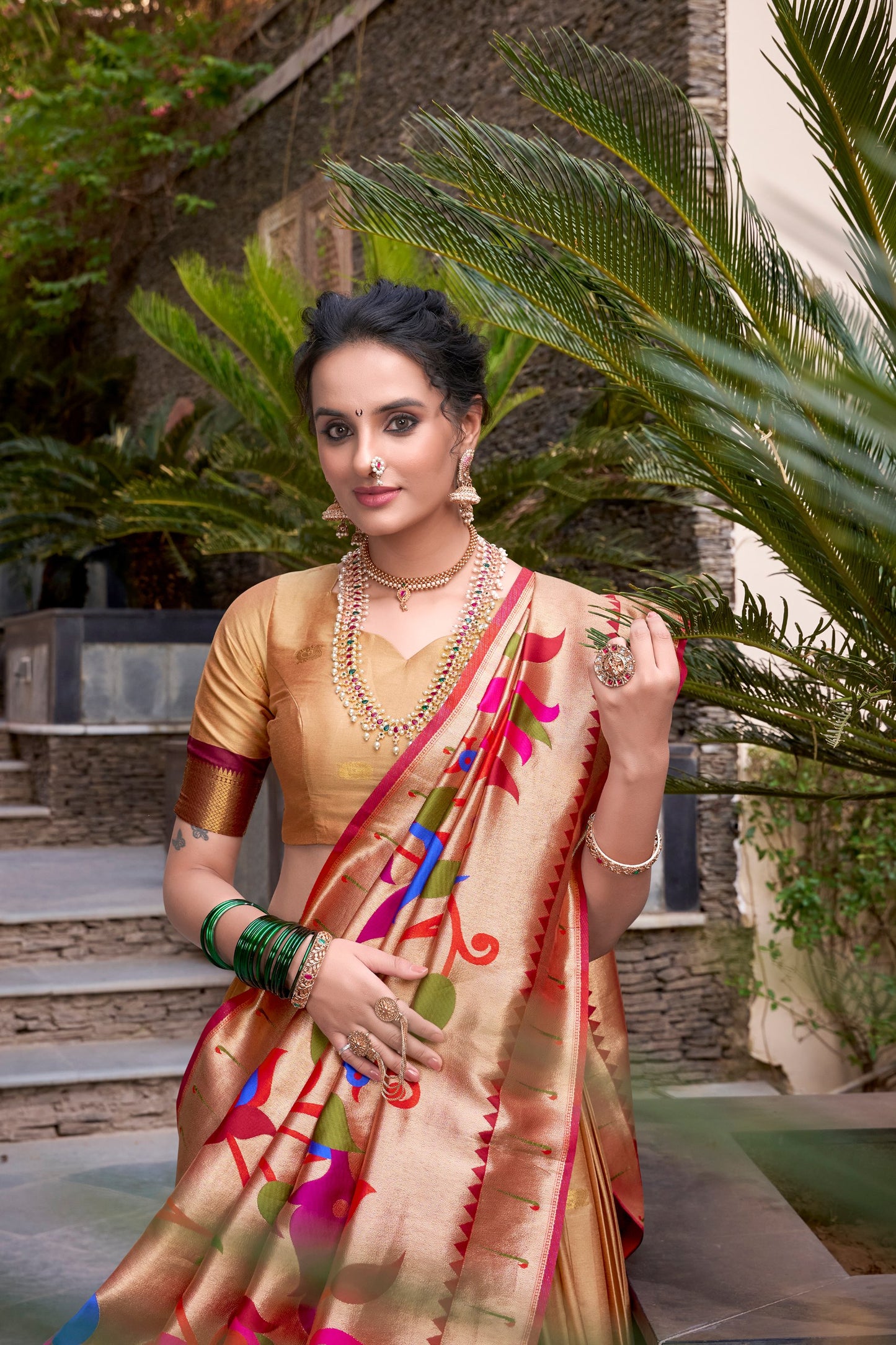 Chikoo Jacquard Silk Paithani Lehenga Set with Zari Weaving and Tassel Dupatta