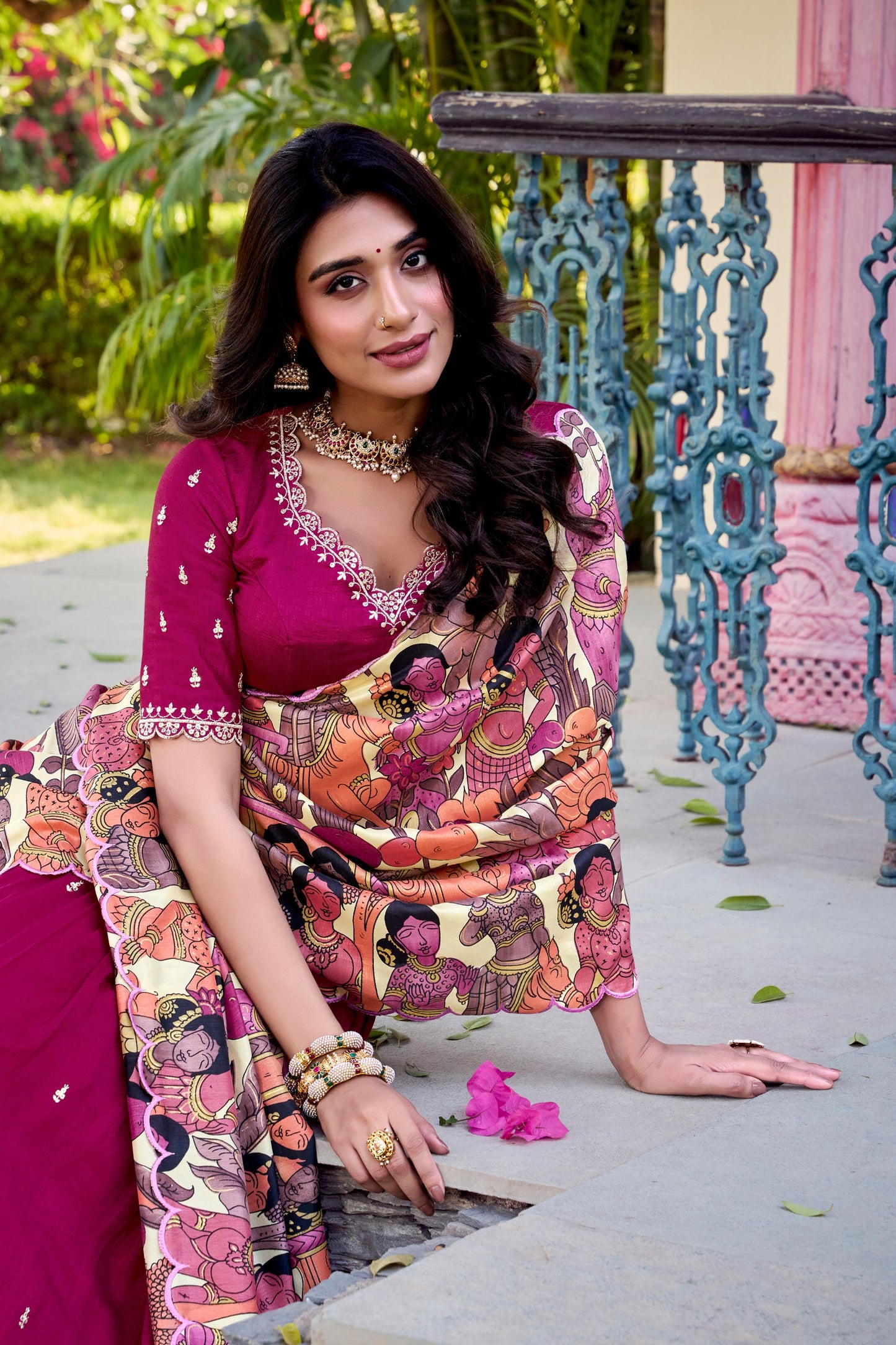 Pink Vichitra Silk Lehenga Set with Kalamkari Print Border & Tussar Silk Dupatta