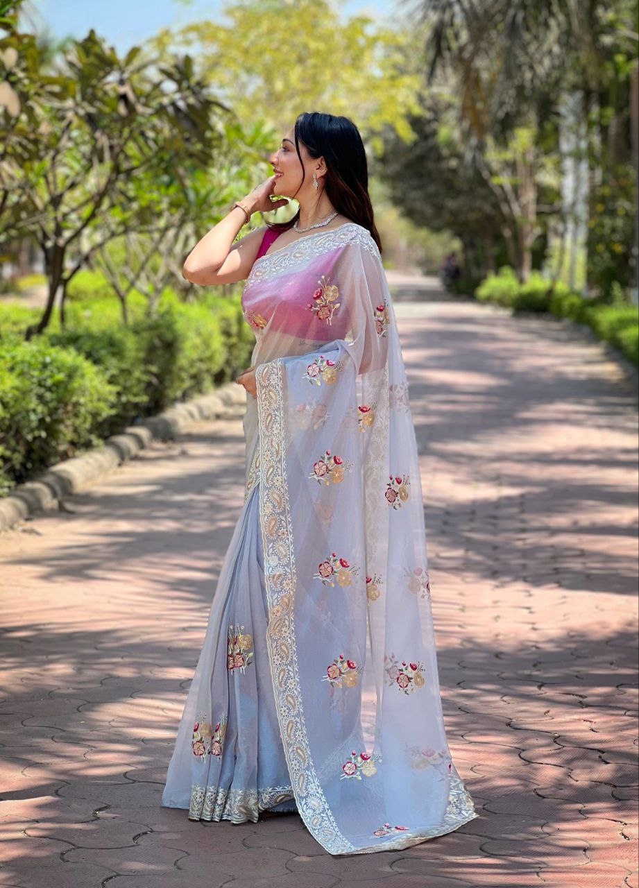 Beautiful Grey Color Designer Soft Silver Tissue Silk Saree