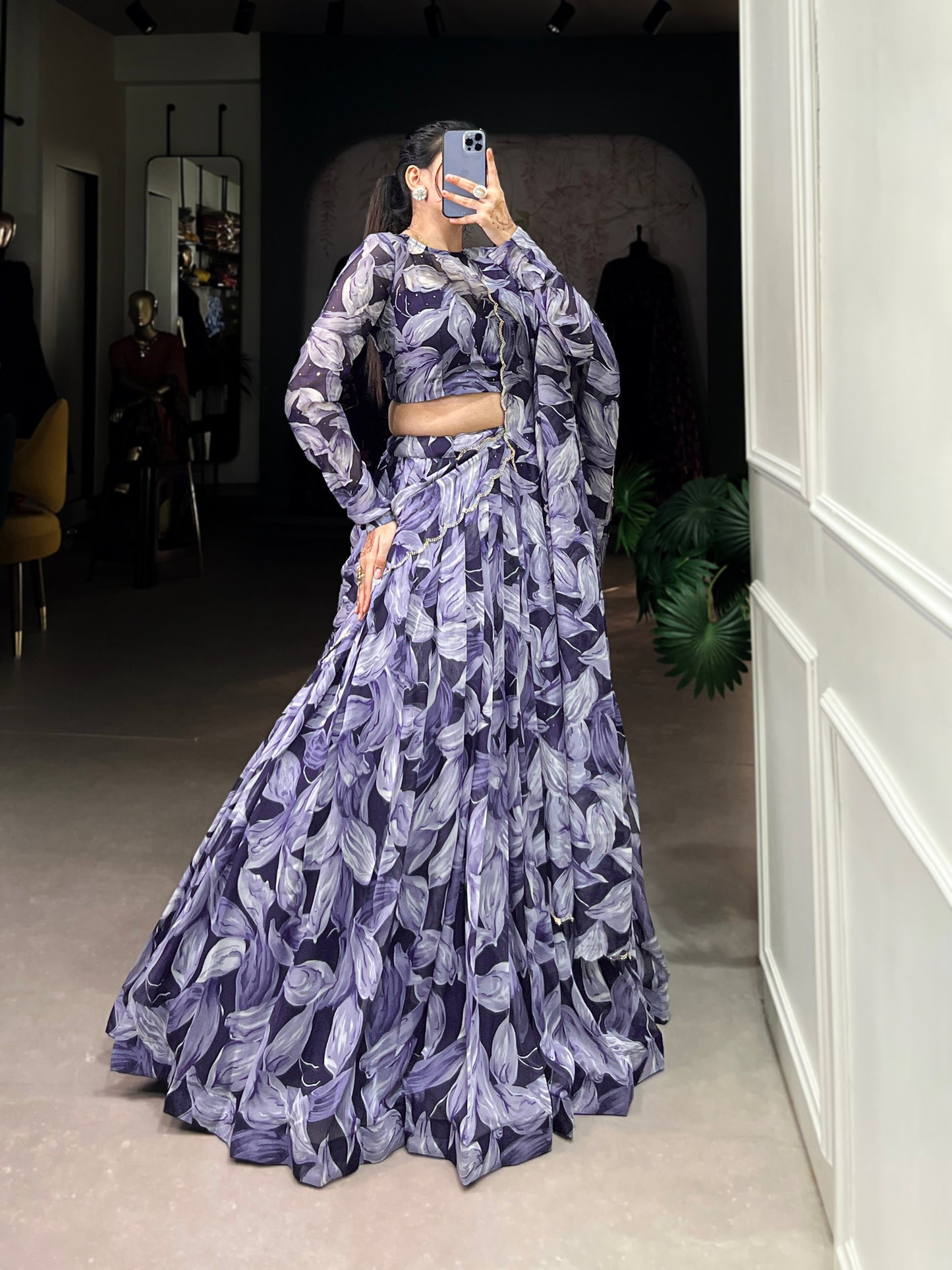 Navy Blue Color Lehenga Choli in Tabby Silk With Print With Hotfix Diamond Work