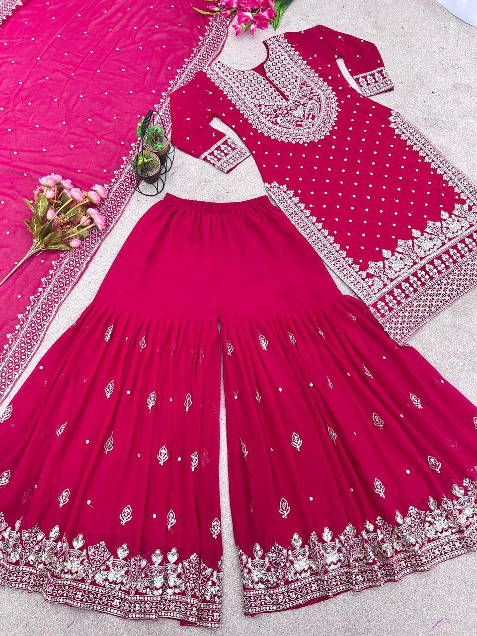 Heavy Faux Georgette Embroidered Pink Gharara Set with Dupatta – Fully Stitched Ethnic Partywear for Women