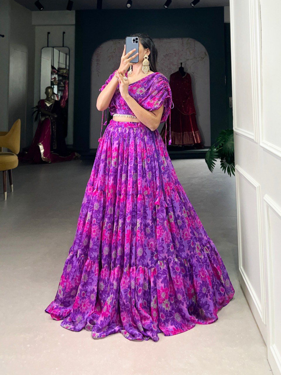 Elegant Floral Print Chiffon Purple Lehenga Set for Women