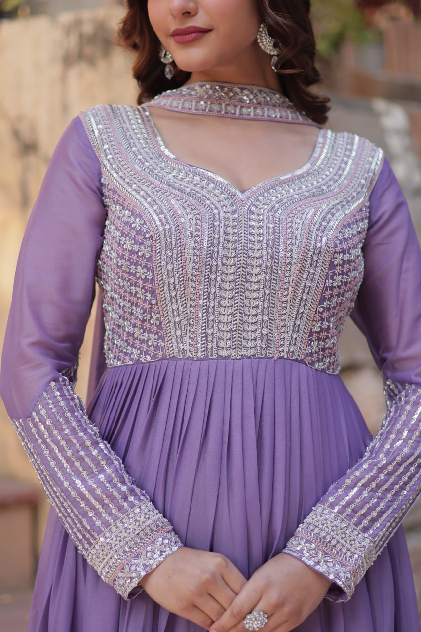 Star Georgette Embroidered Beads Sequins Work Lavender Gown with Dupatta Set