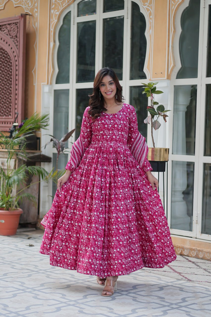 Pure Rani Pink Cotton Long Kurta Set with Elastic Bottom and Dupatta