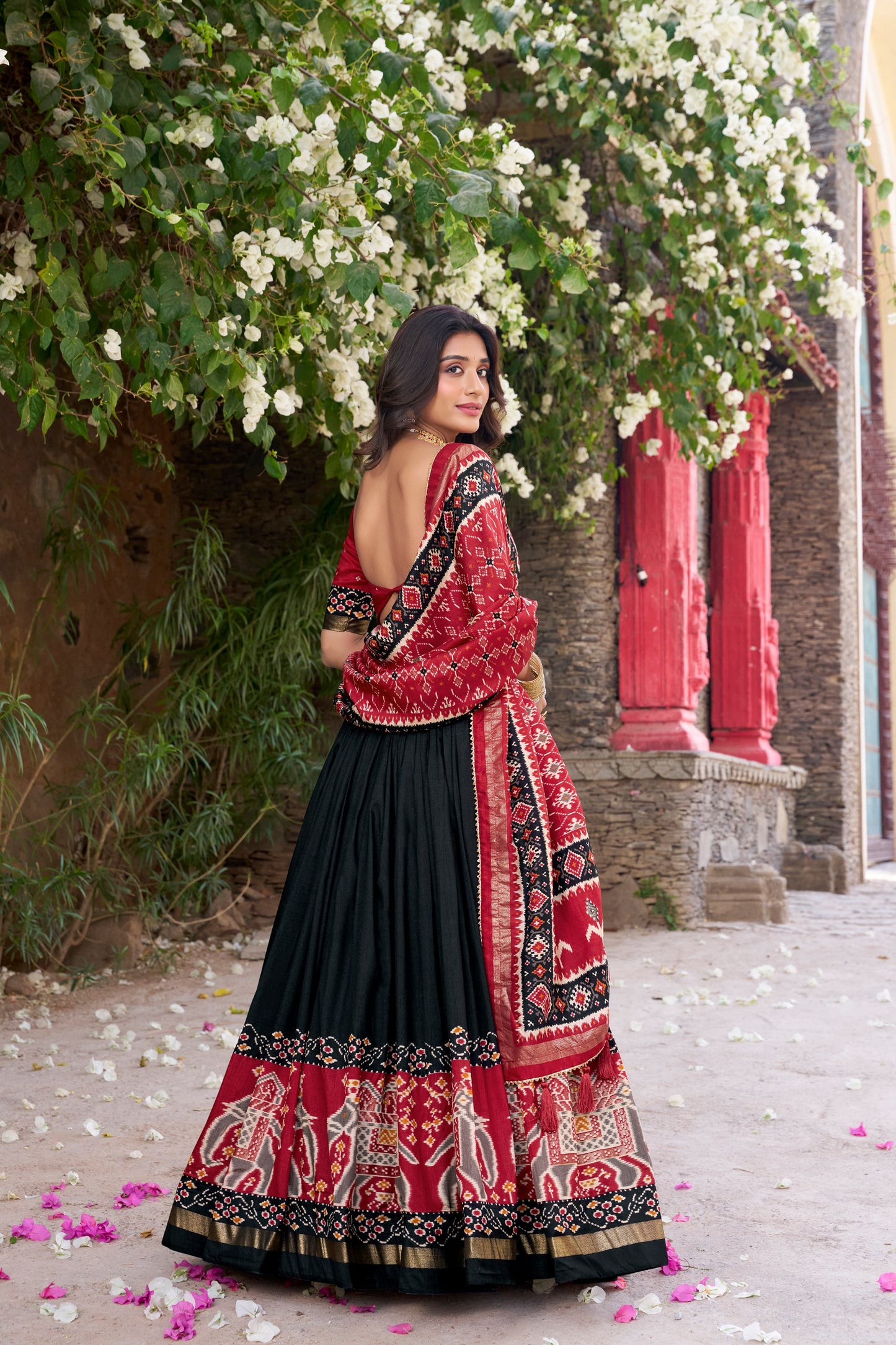 Patola Printed Black Tussar Silk Lehenga Set with Gotta Patti Dupatta