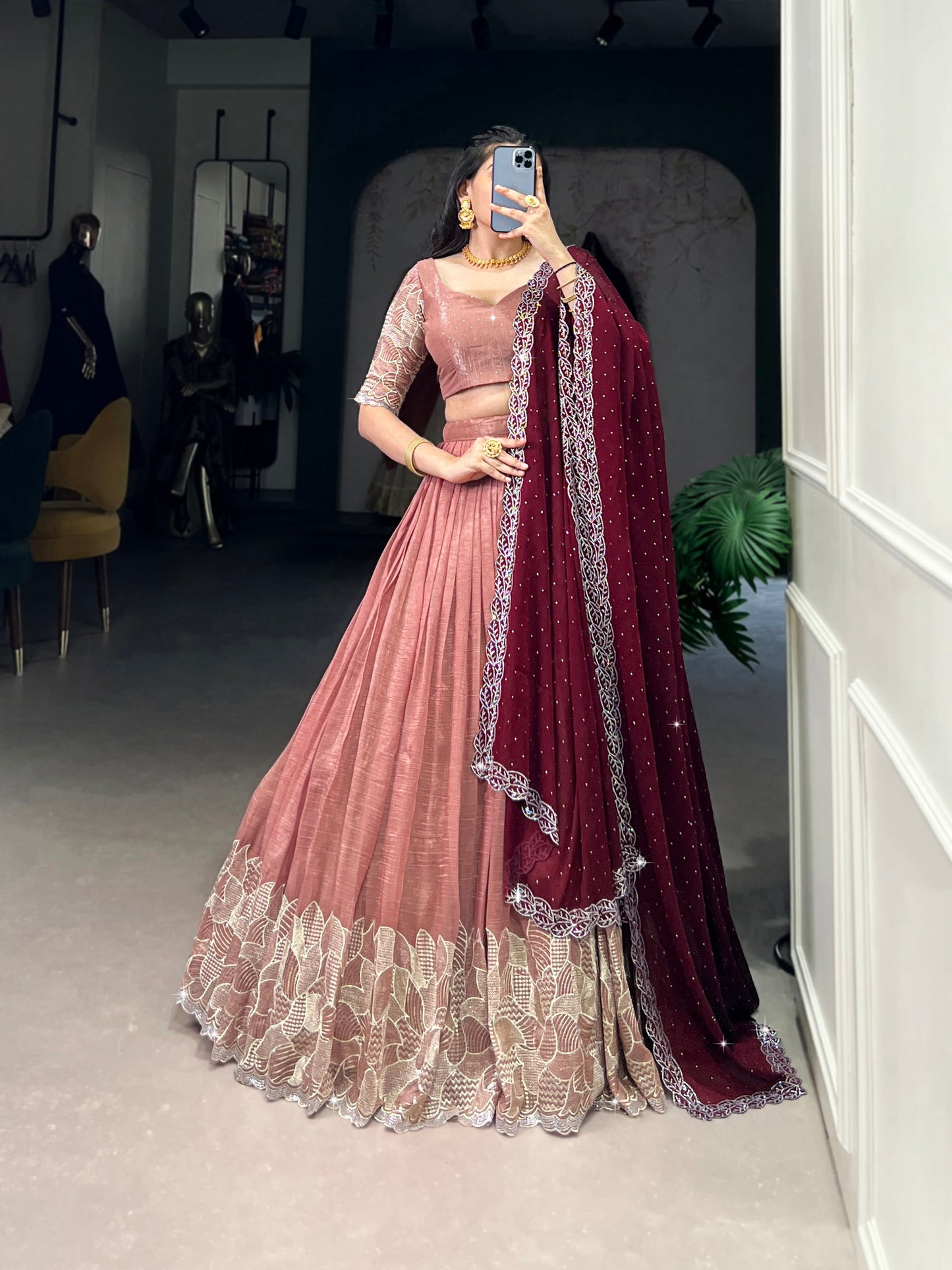 Silver Glosy Embroidered Peach Lehenga Set with Hotfix Rangoli Silk Dupatta