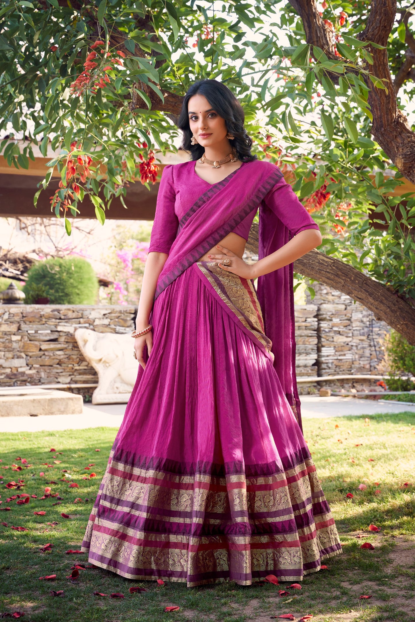 Pure Chanderi Pink Lehenga with Zari Weaving Work Border & Dupatta