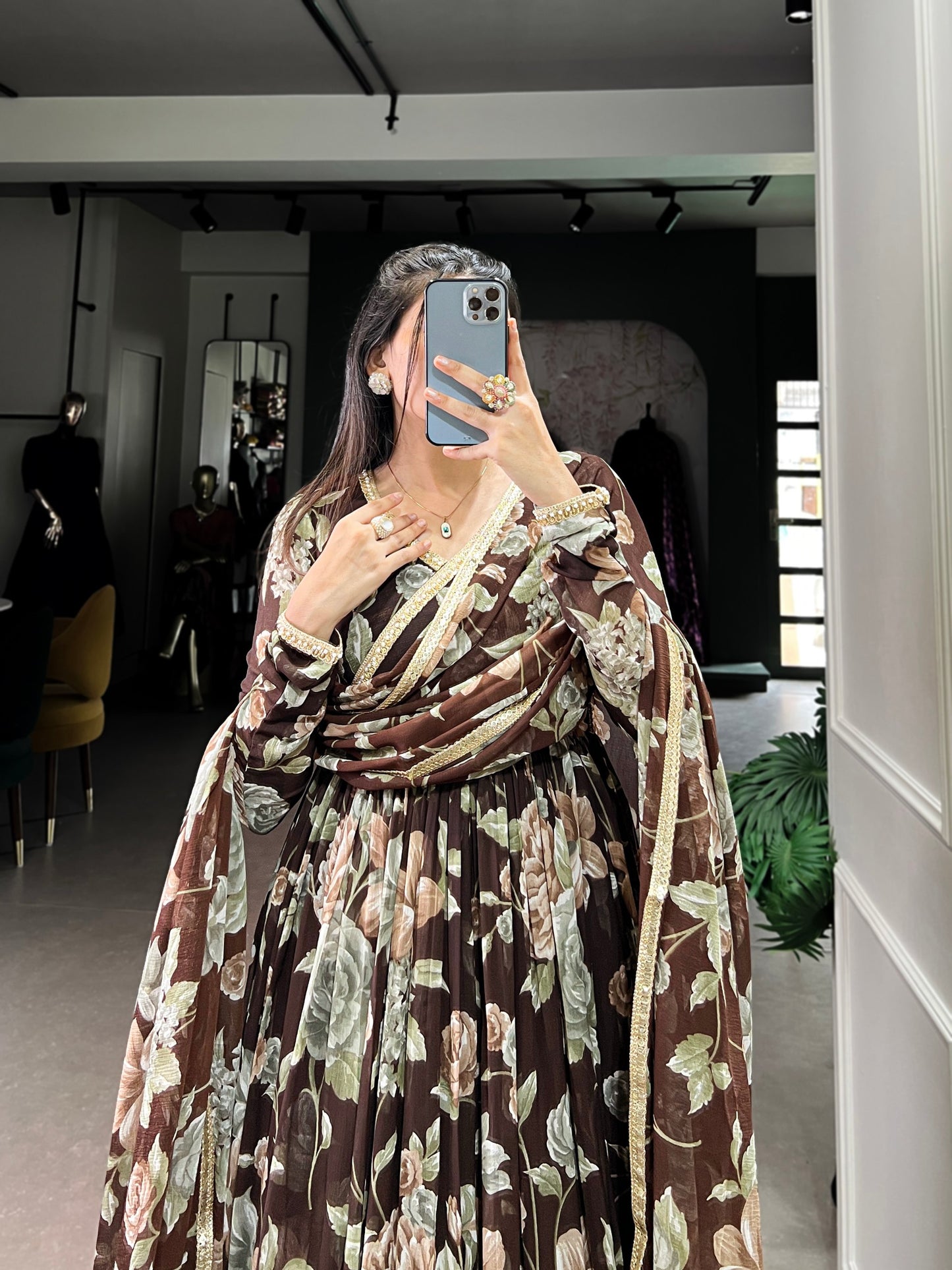 Brown Sculpted Beauty Floral Print Marbel Gown with Lace Touch-Up Dupatta