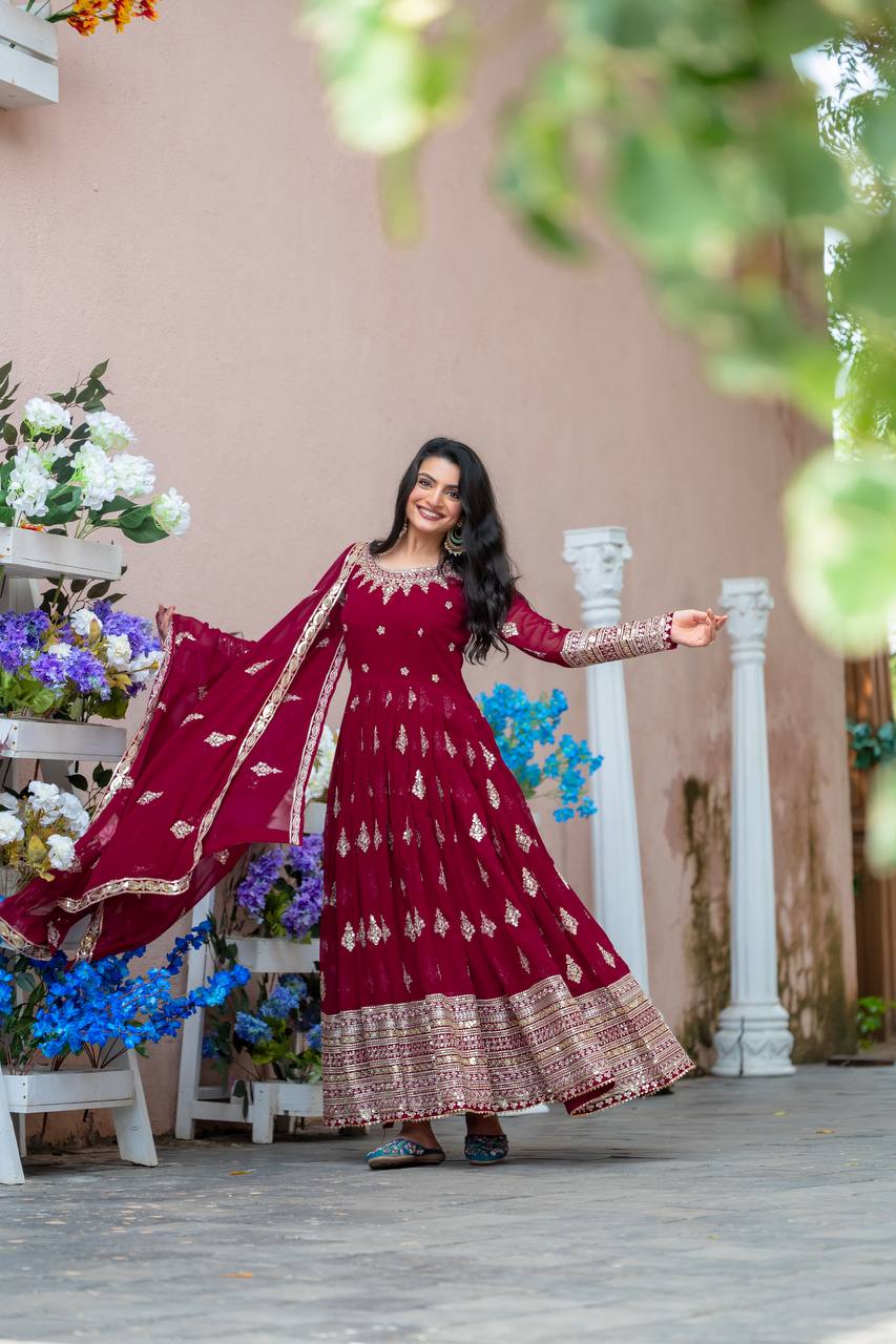 Faux Georgette Embroidered Lavender Gown Set with Dupatta – Fully Stitched Designer Ethnic Wear for Women