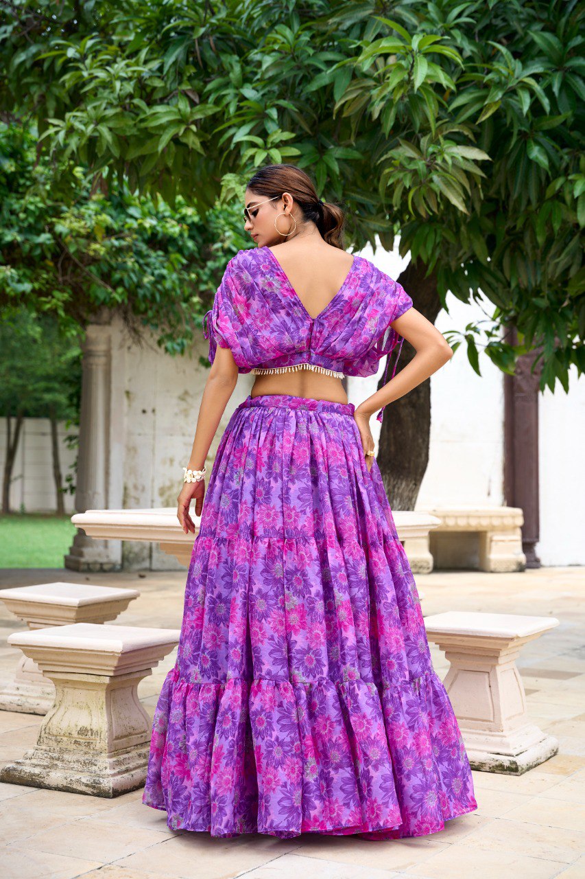 Elegant Floral Print Chiffon Purple Lehenga Set for Women